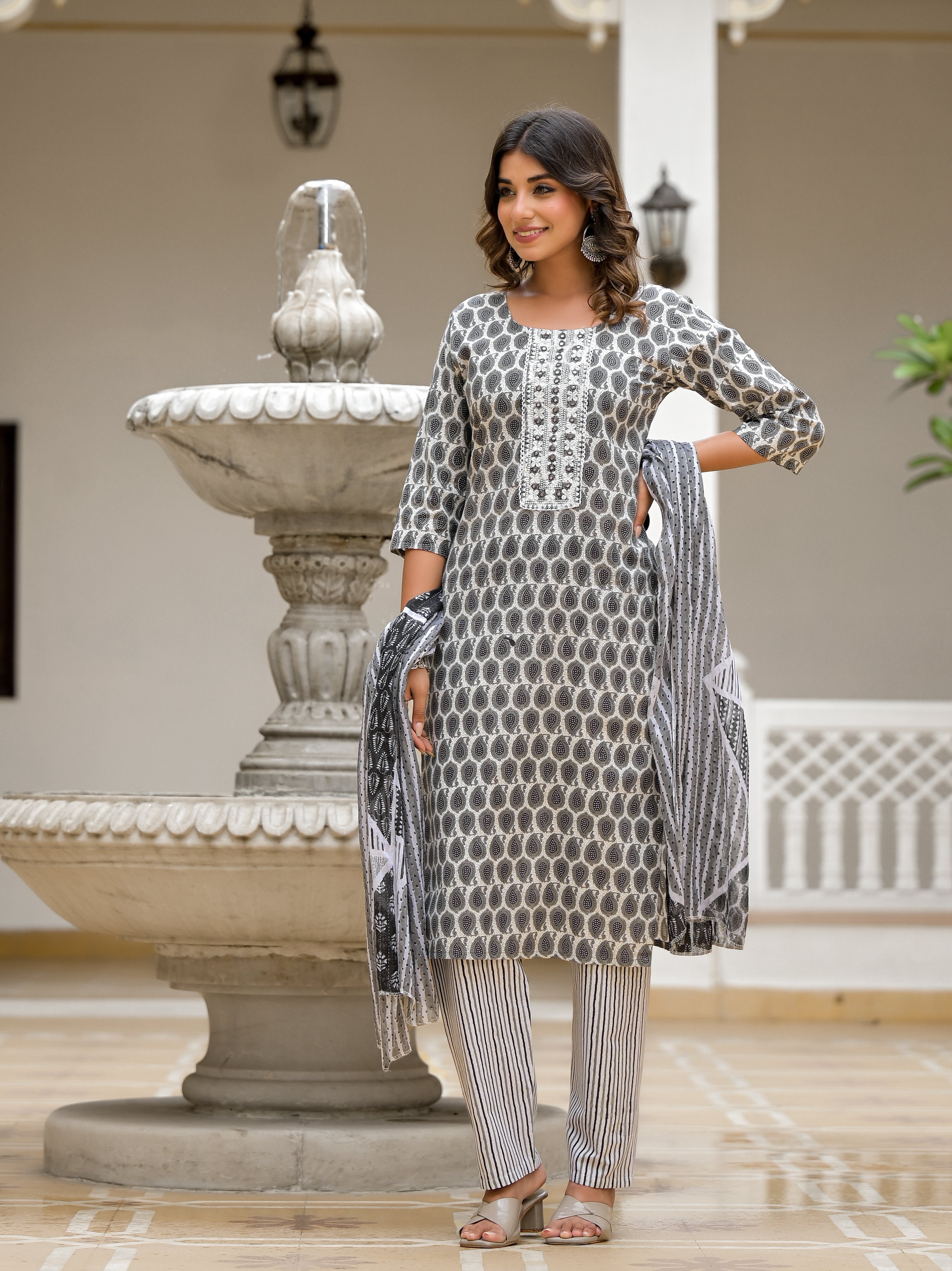 Juniper Grey Ethnic Motif Printed Cotton Kurta, Pant And Dupatta Set With Thread & Mirror Work