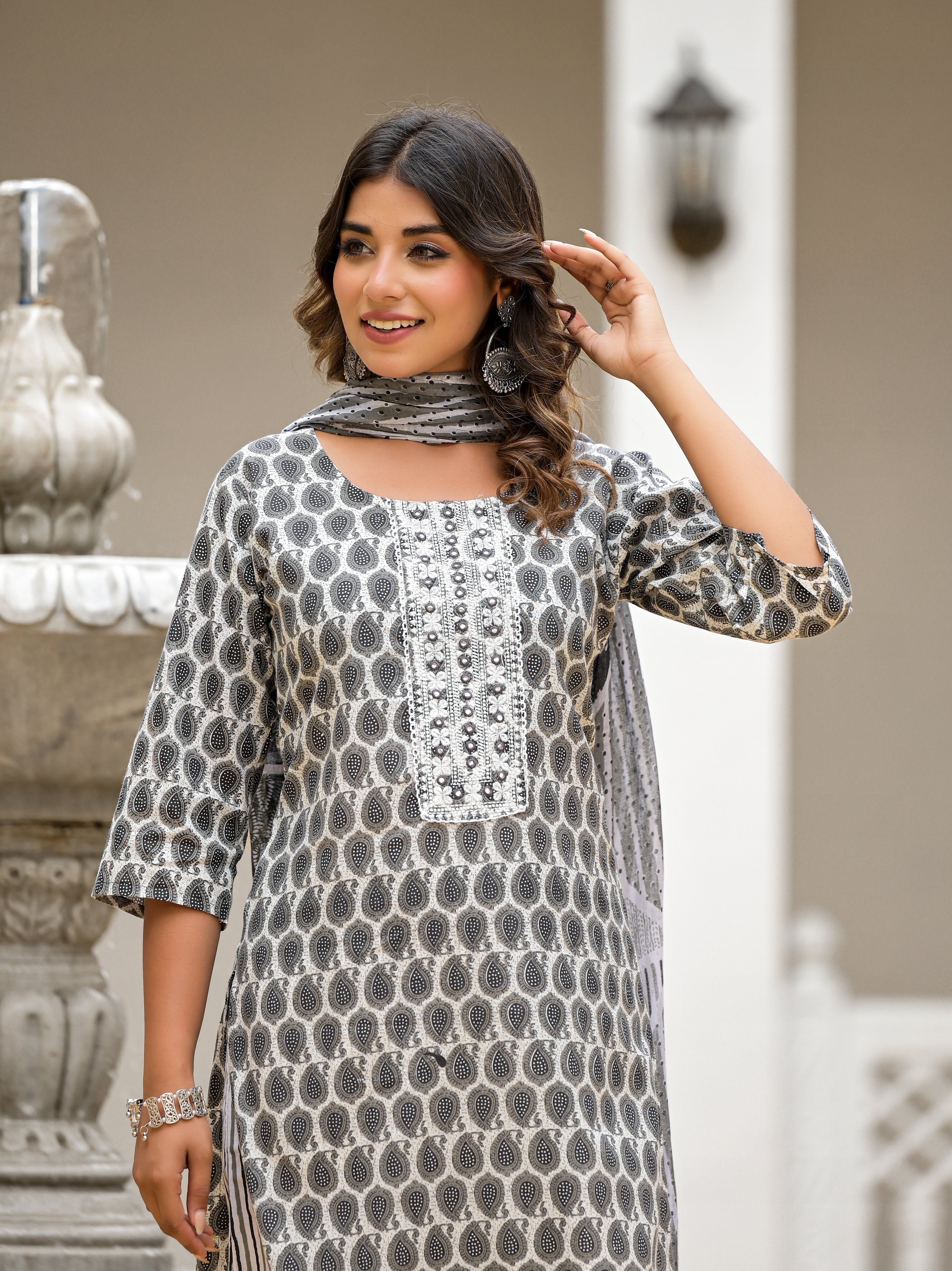 Juniper Grey Ethnic Motif Printed Cotton Kurta, Pant And Dupatta Set With Thread & Mirror Work