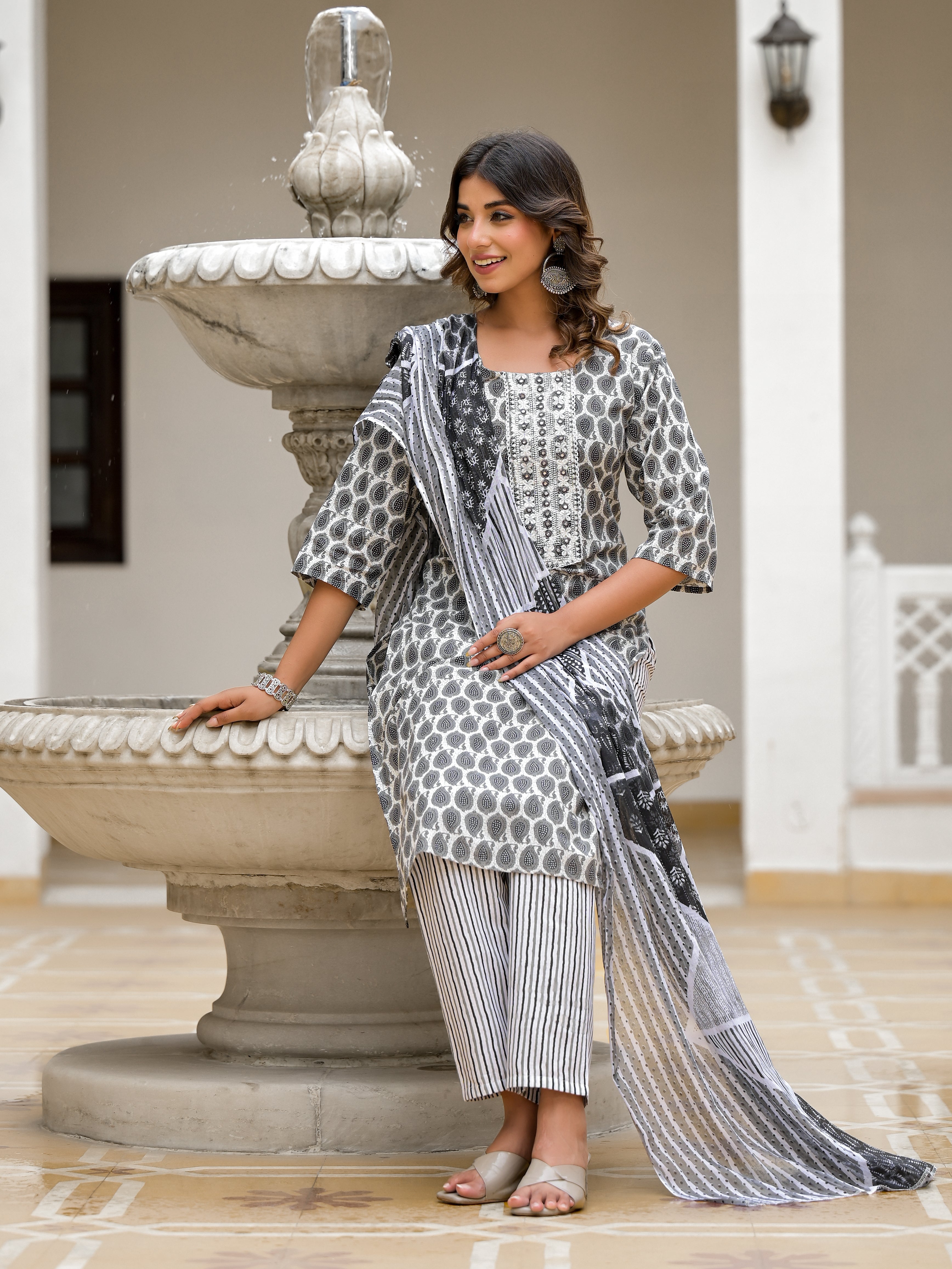 Juniper Grey Ethnic Motif Printed Cotton Kurta, Pant And Dupatta Set With Thread & Mirror Work