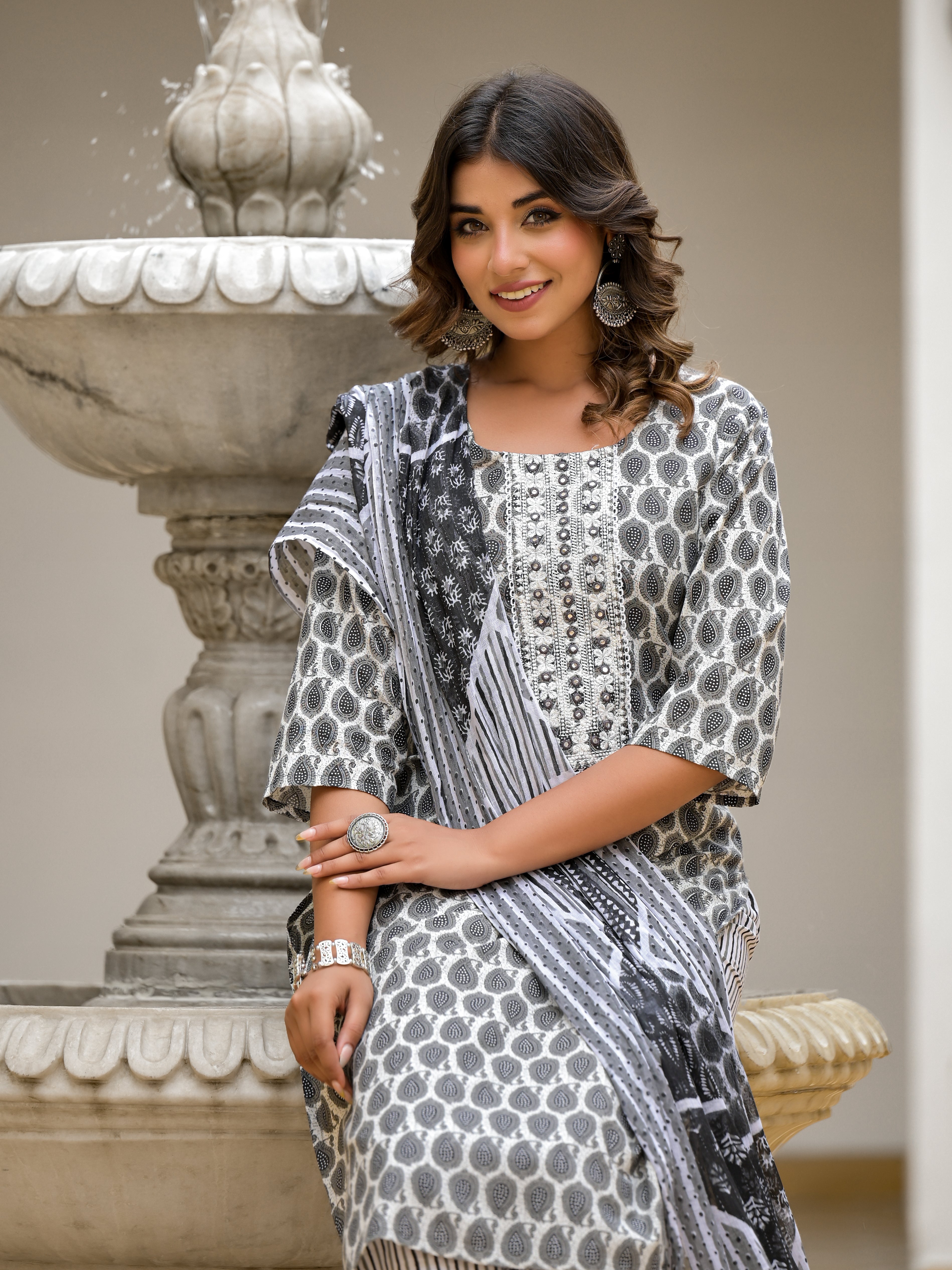 Juniper Grey Ethnic Motif Printed Cotton Kurta, Pant And Dupatta Set With Thread & Mirror Work