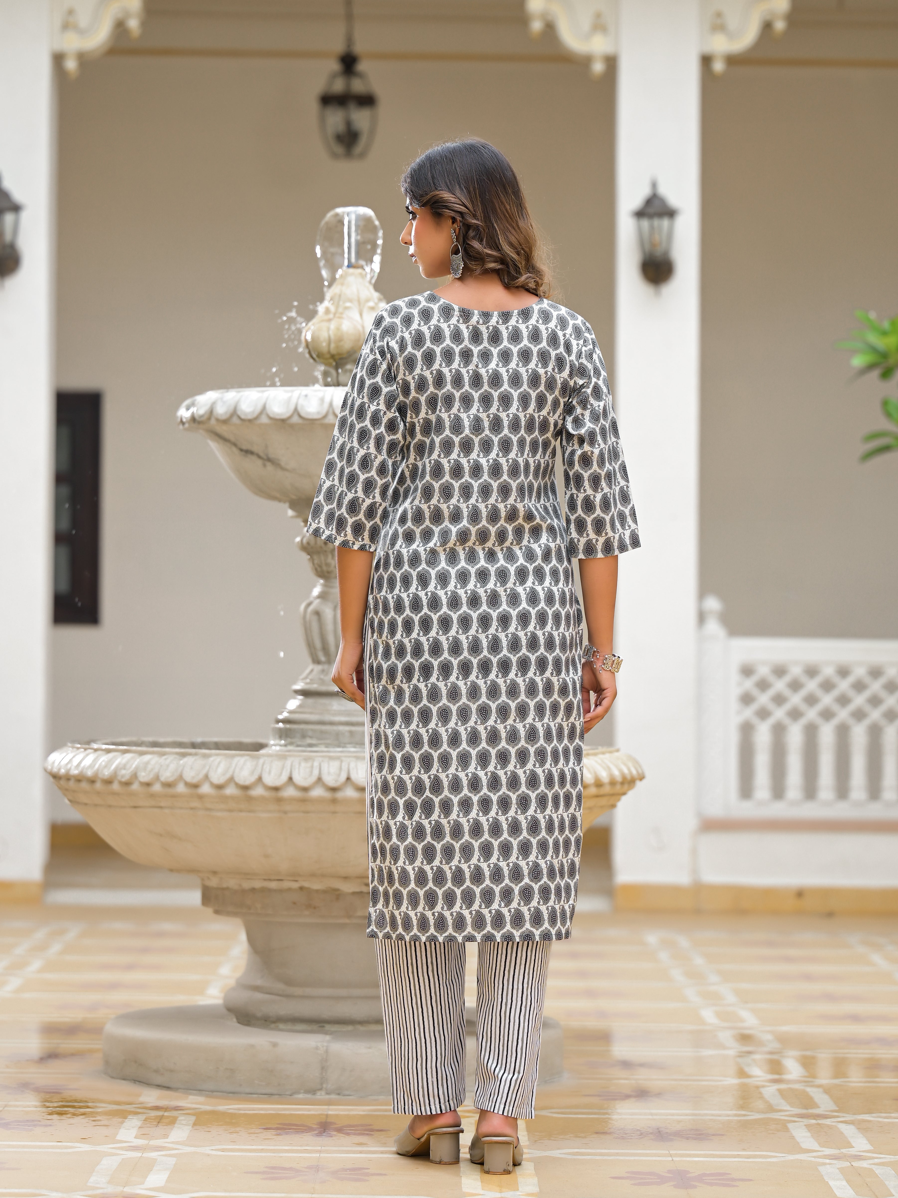 Juniper Grey Ethnic Motif Printed Cotton Kurta, Pant And Dupatta Set With Thread & Mirror Work