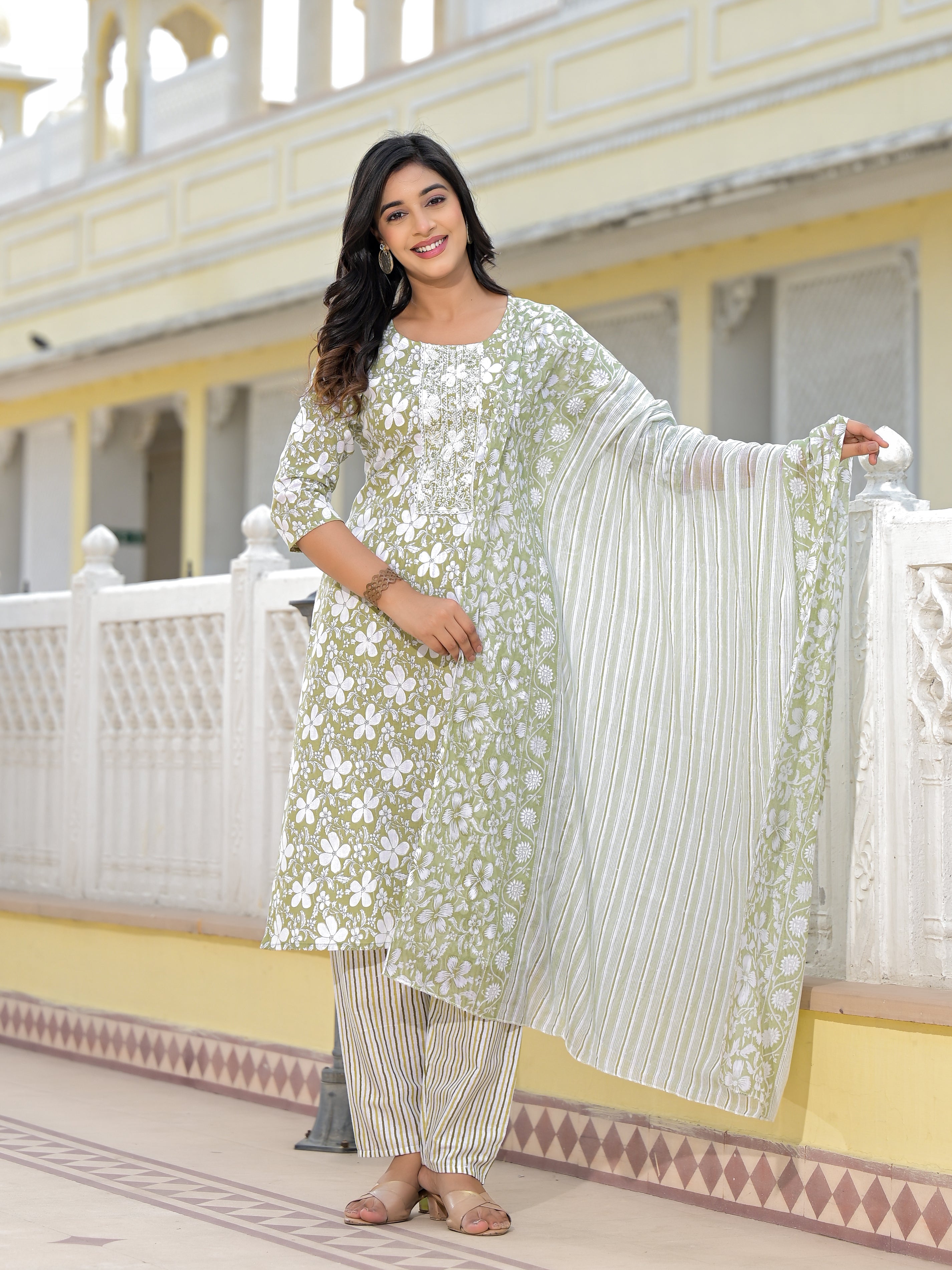 Juniper Green Floral Printed Cotton Kurta, Pant And Dupatta Set With Thread & Mirror Work