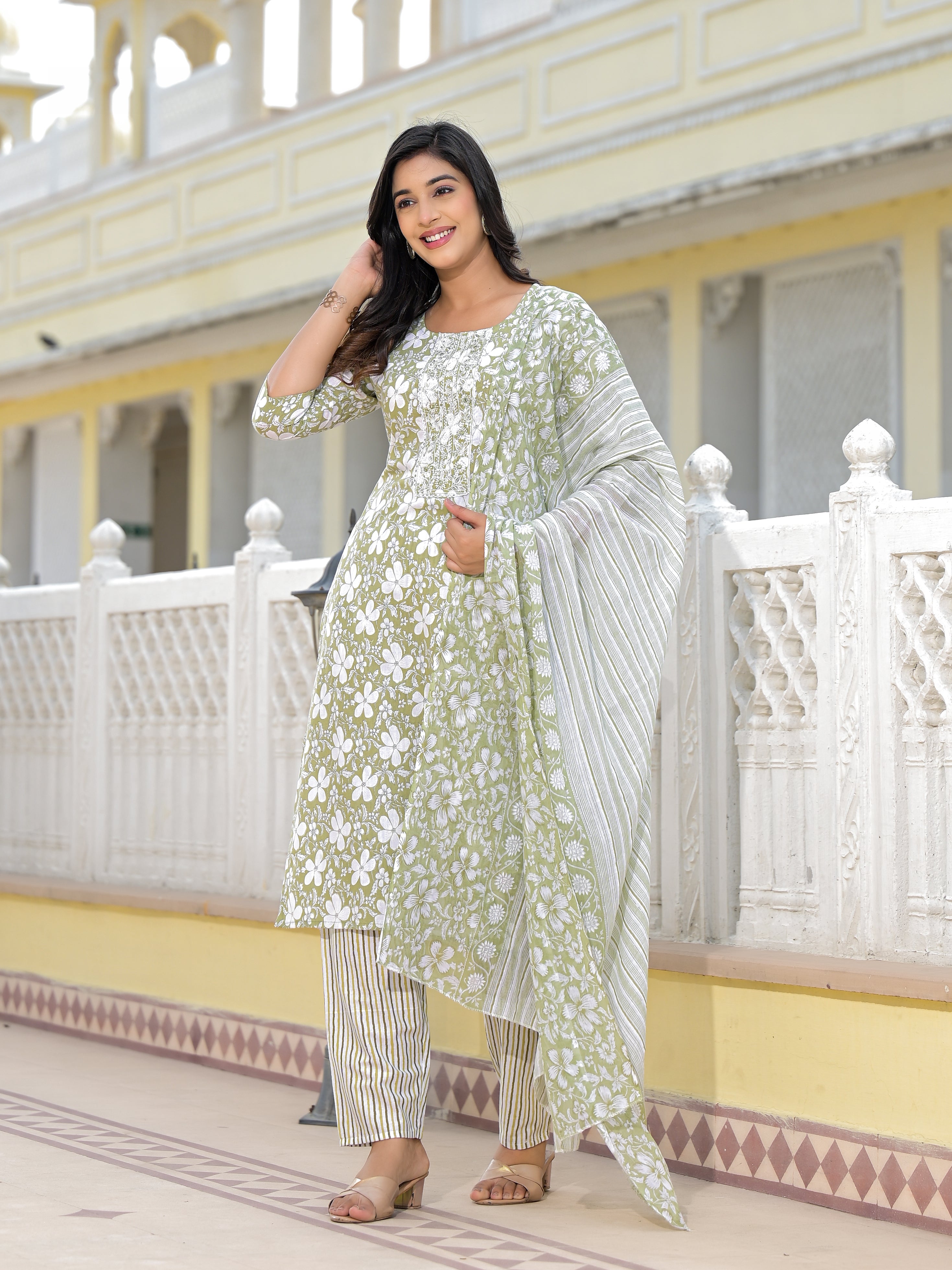 Juniper Green Floral Printed Cotton Kurta, Pant And Dupatta Set With Thread & Mirror Work