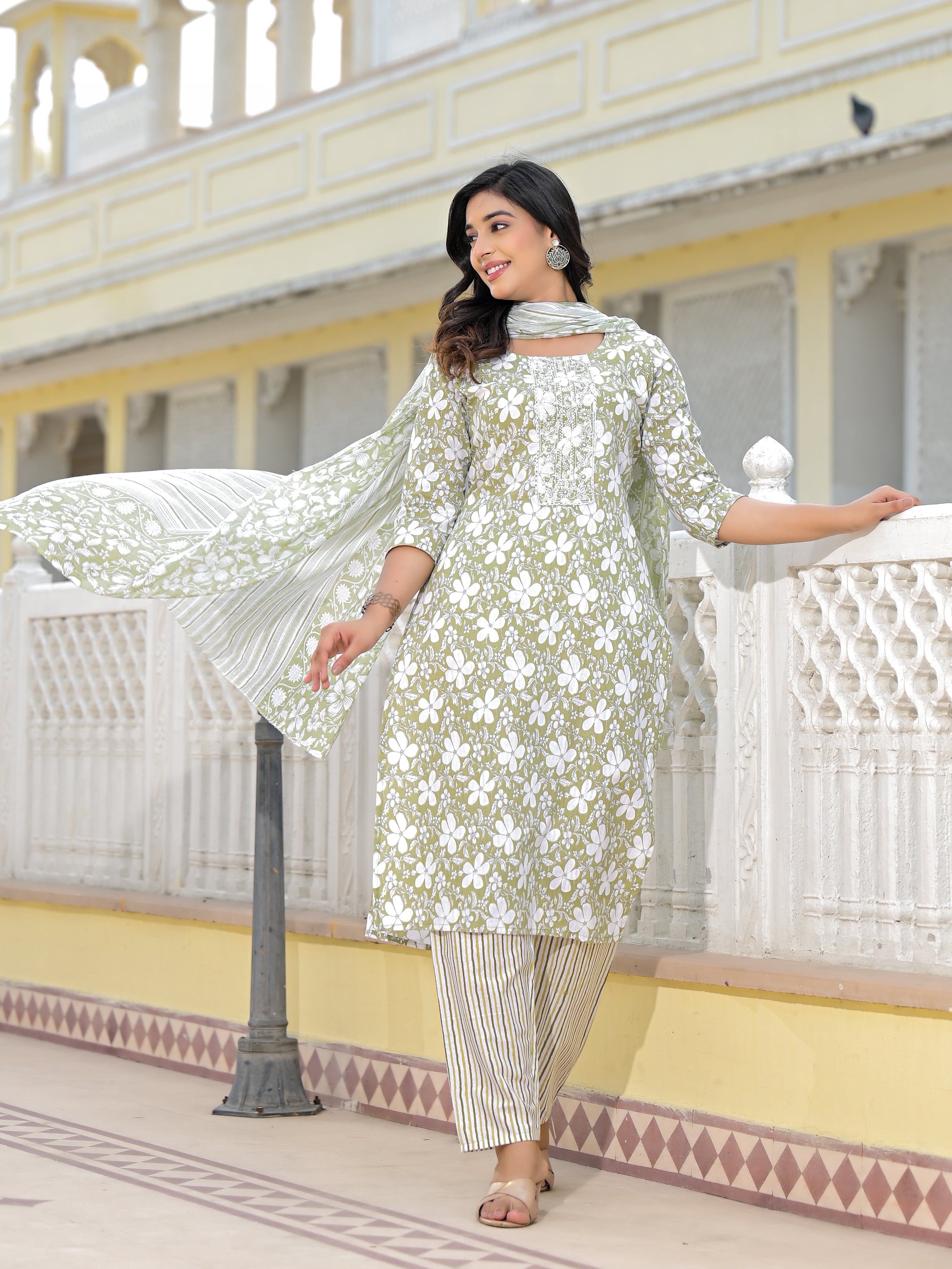 Juniper Green Floral Printed Cotton Kurta, Pant And Dupatta Set With Thread & Mirror Work