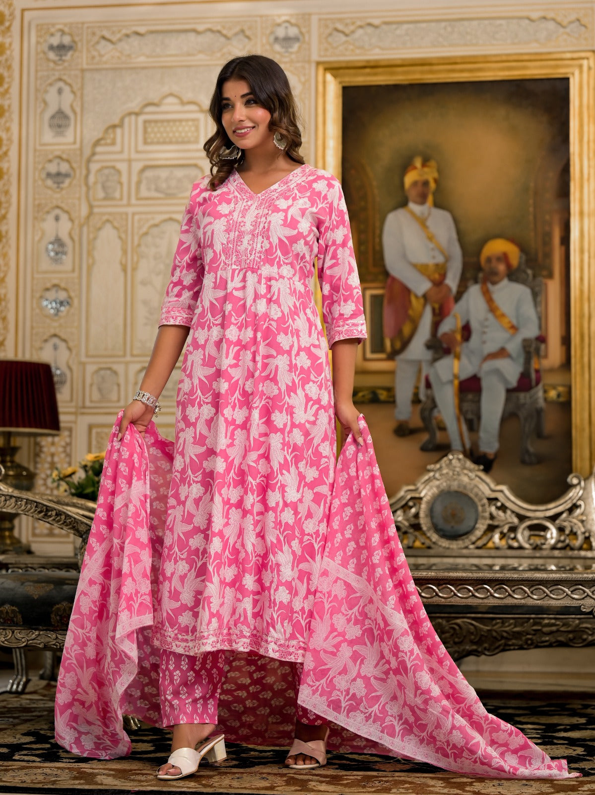 Juniper Pink Floral Printed Rayon Kurta Set With Thread & Mirror Work