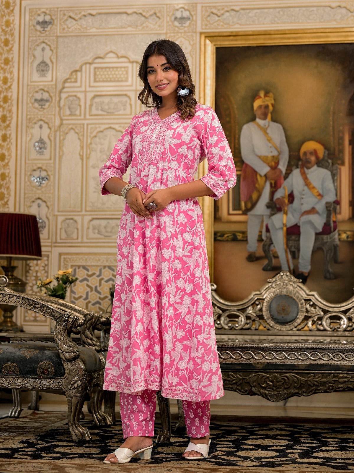 Juniper Pink Floral Printed Rayon Kurta Set With Thread & Mirror Work