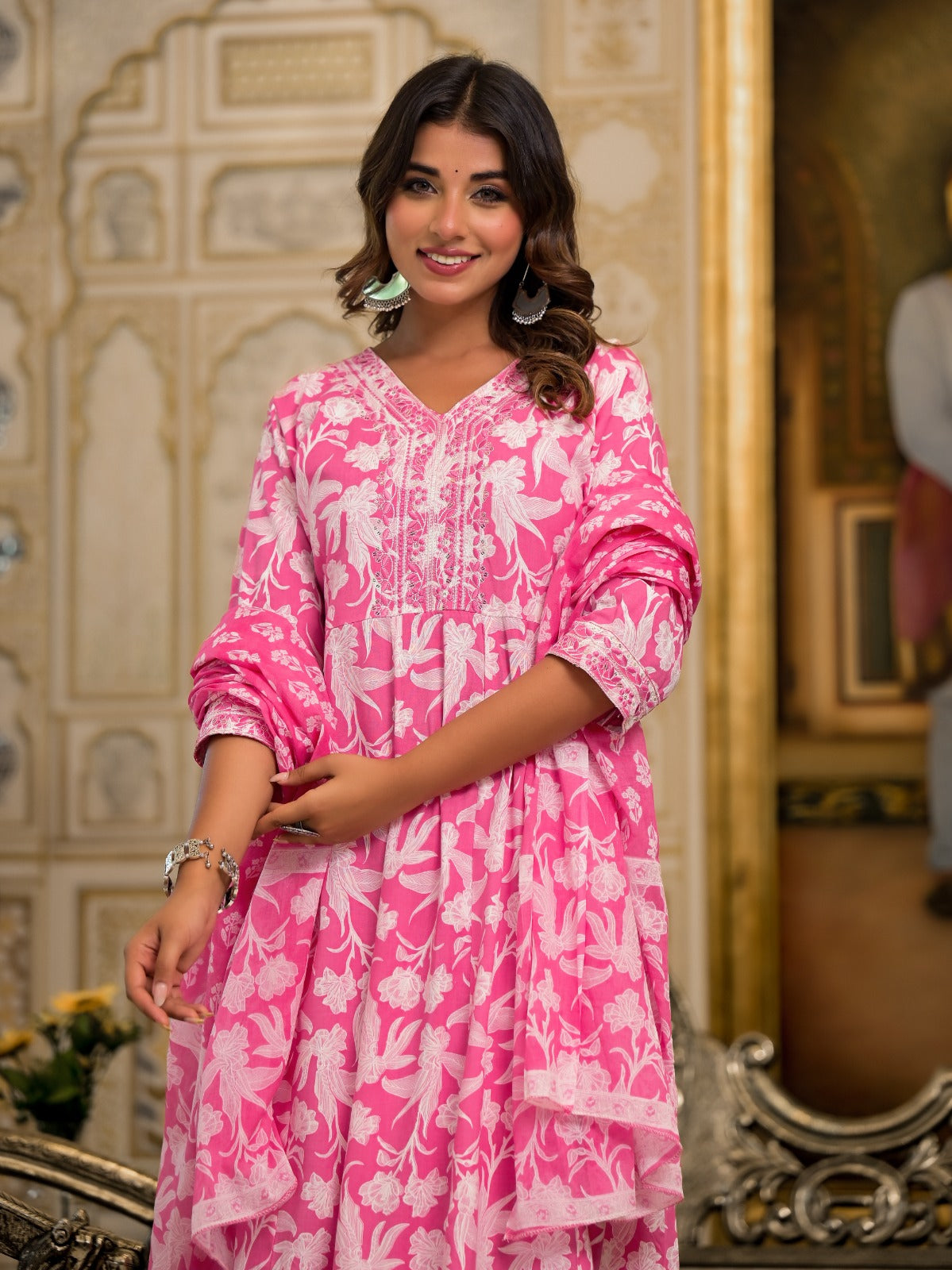 Juniper Pink Floral Printed Rayon Kurta Set With Thread & Mirror Work