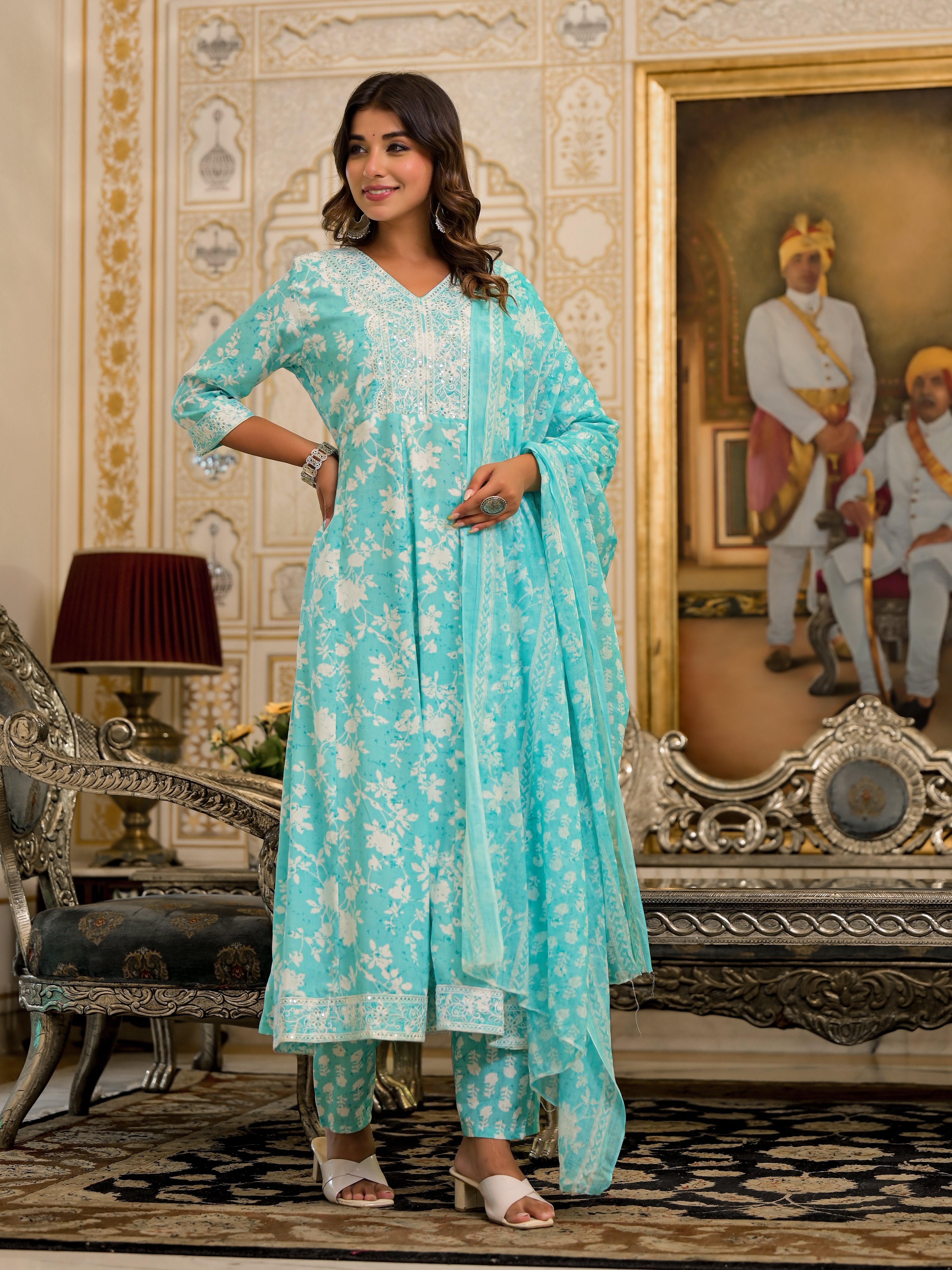 Juniper Green Floral Printed Rayon Kurta, Pant And Dupatta Set With Thread & Sequins Work