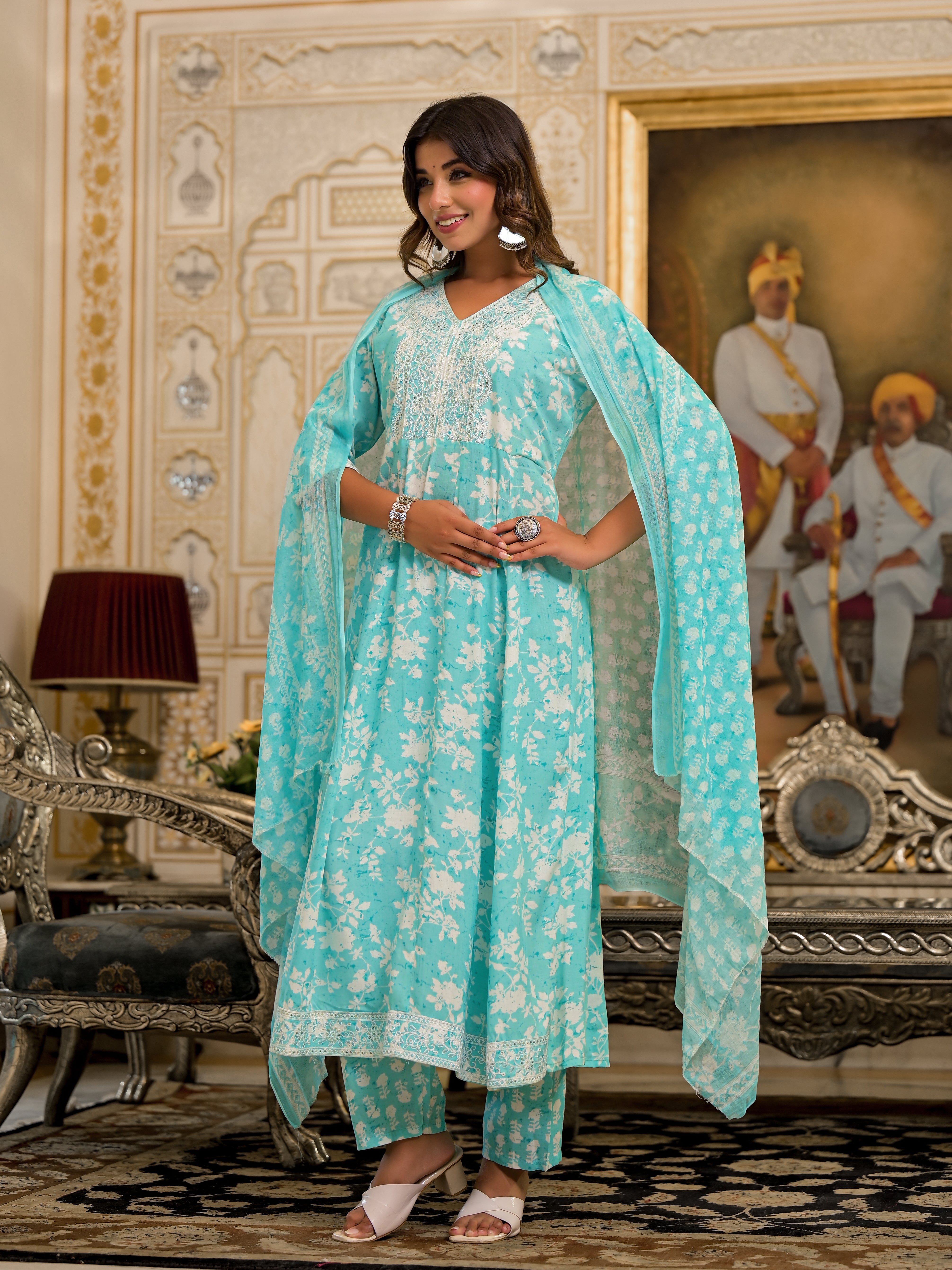 Juniper Green Floral Printed Rayon Kurta, Pant And Dupatta Set With Thread & Sequins Work