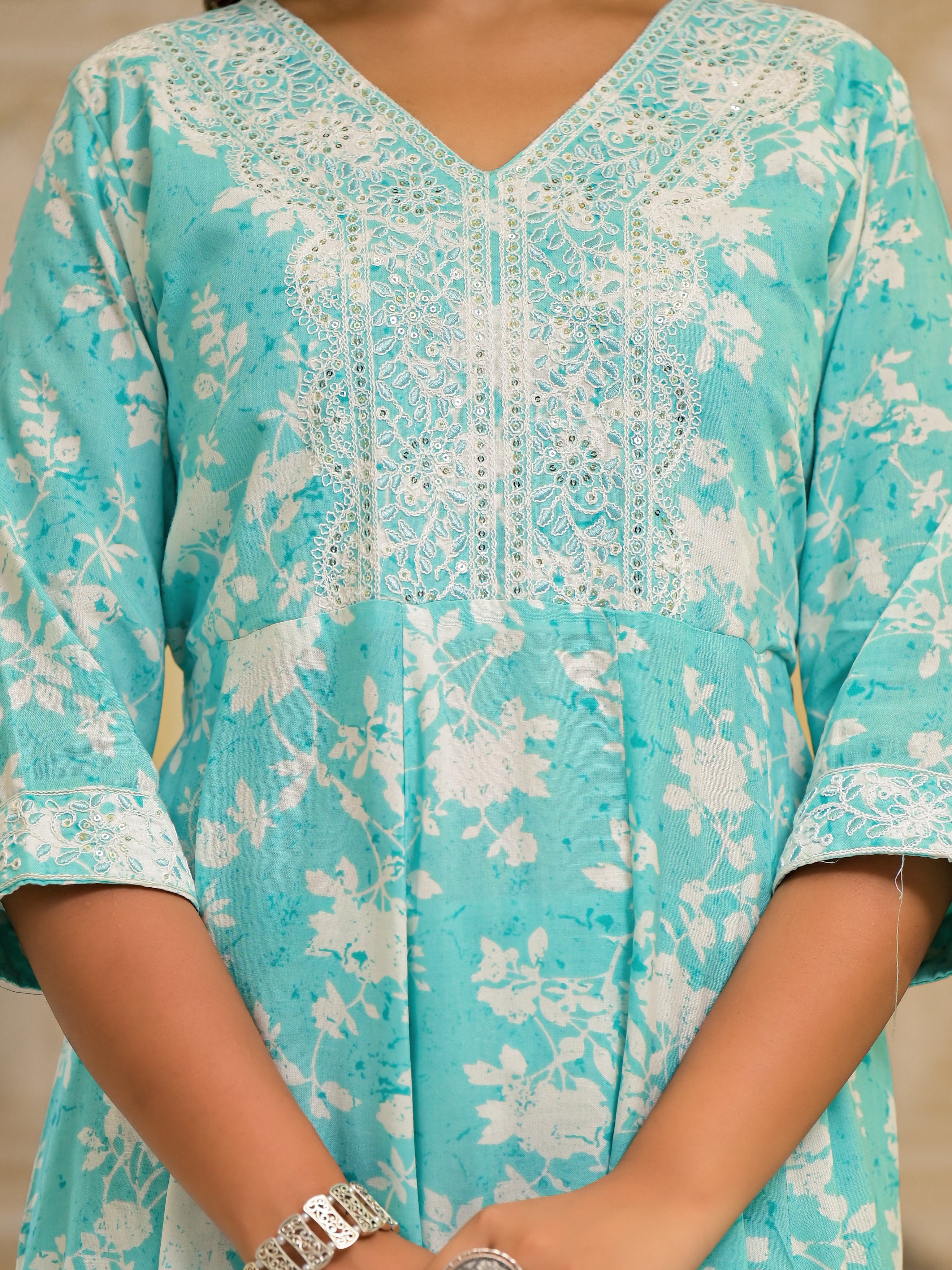 Juniper Green Floral Printed Rayon Kurta, Pant And Dupatta Set With Thread & Sequins Work