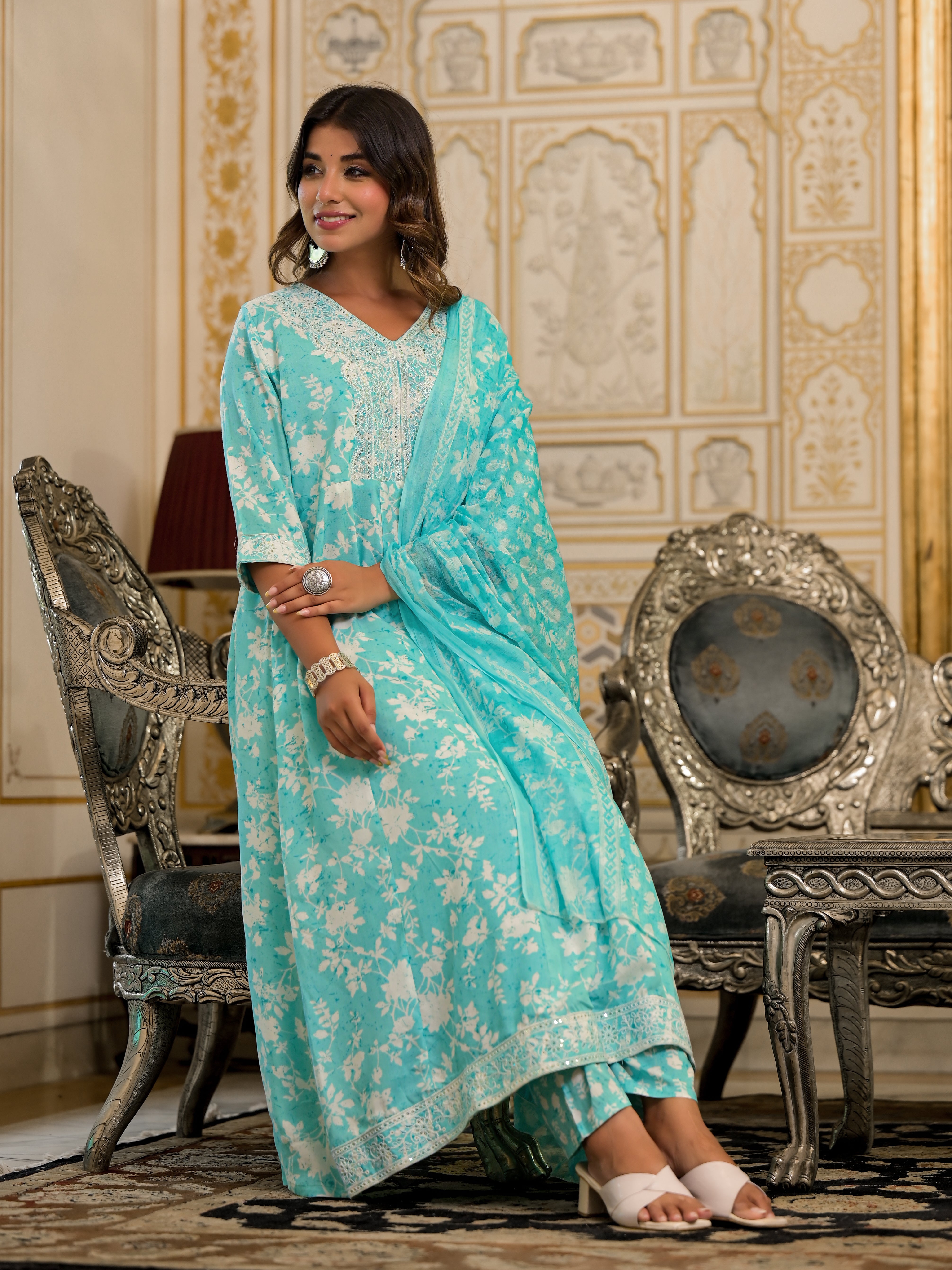 Juniper Green Floral Printed Rayon Kurta, Pant And Dupatta Set With Thread & Sequins Work