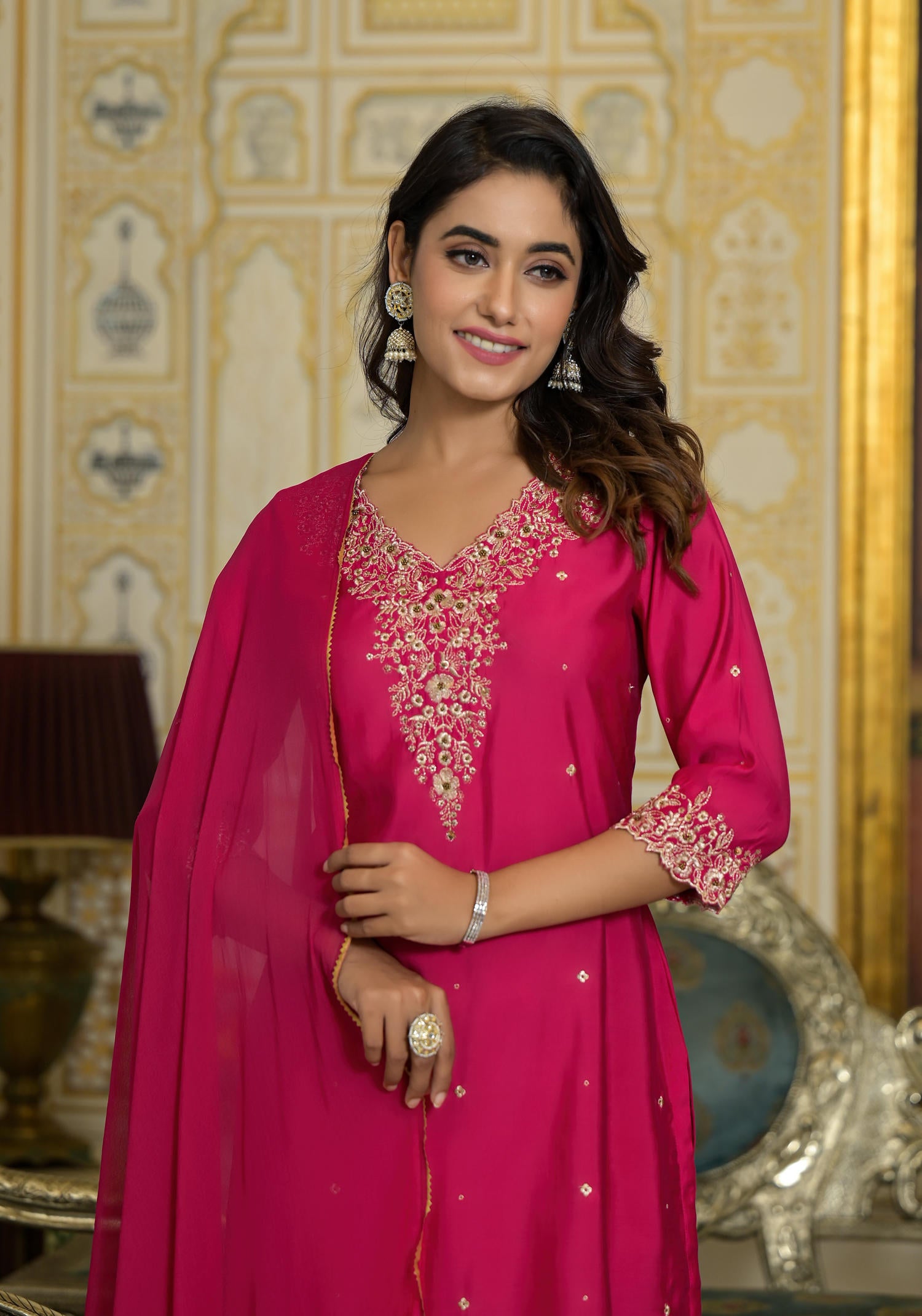 Fuchsia Zari Embroidered Viscose Kurta Pant And Dupatta Set With Lace