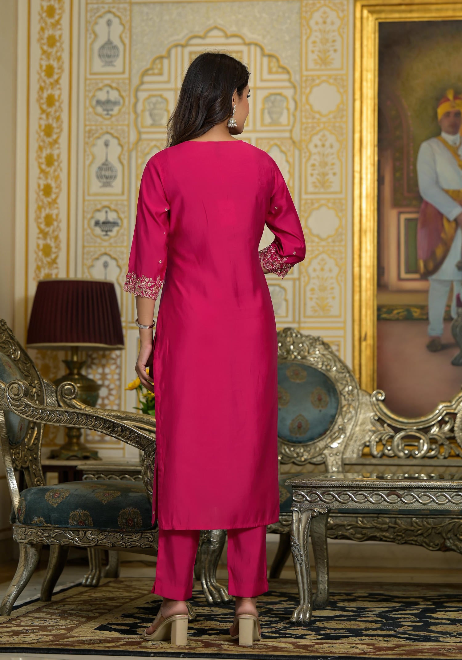 Fuchsia Zari Embroidered Viscose Kurta Pant And Dupatta Set With Lace