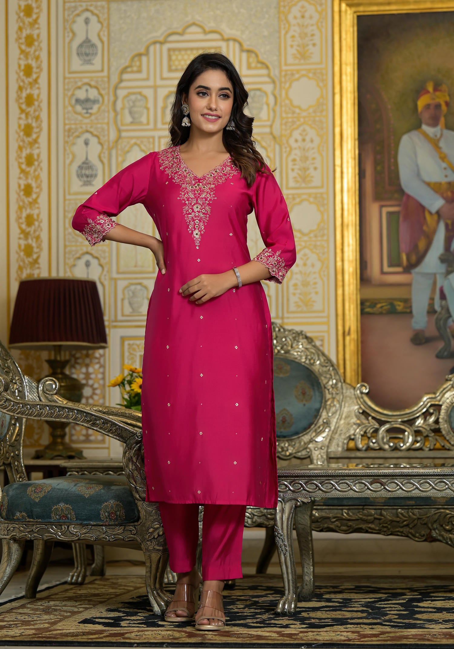 Fuchsia Zari Embroidered Viscose Kurta Pant And Dupatta Set With Lace