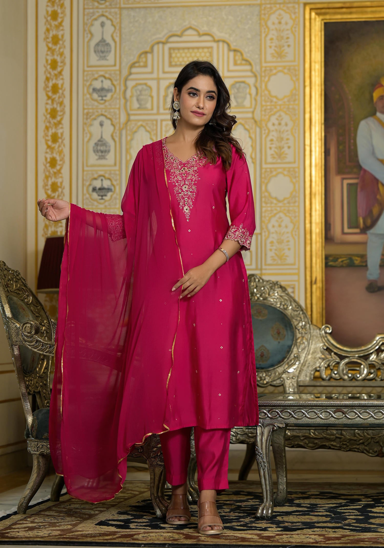 Fuchsia Zari Embroidered Viscose Kurta Pant And Dupatta Set With Lace