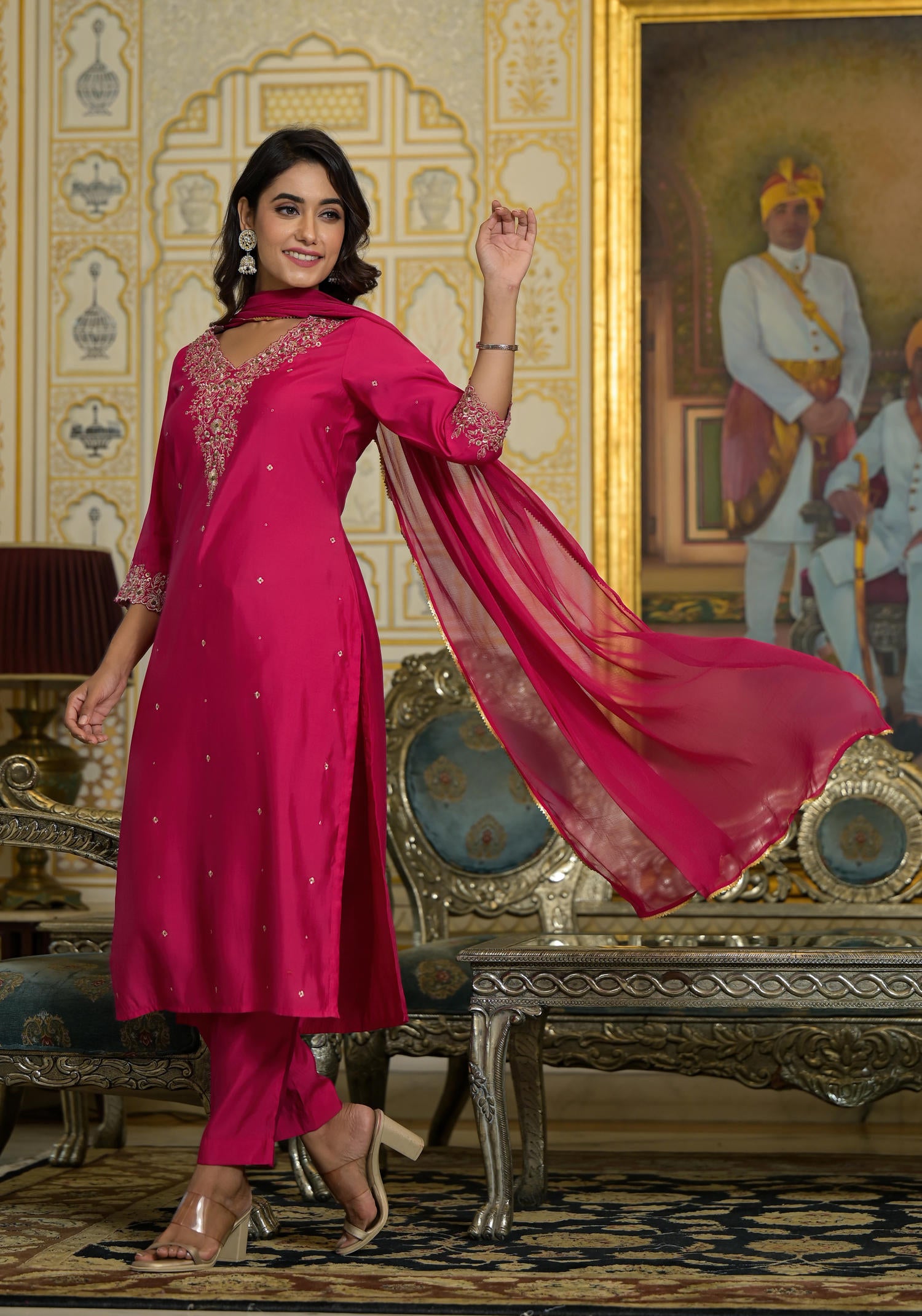 Fuchsia Zari Embroidered Viscose Kurta Pant And Dupatta Set With Lace