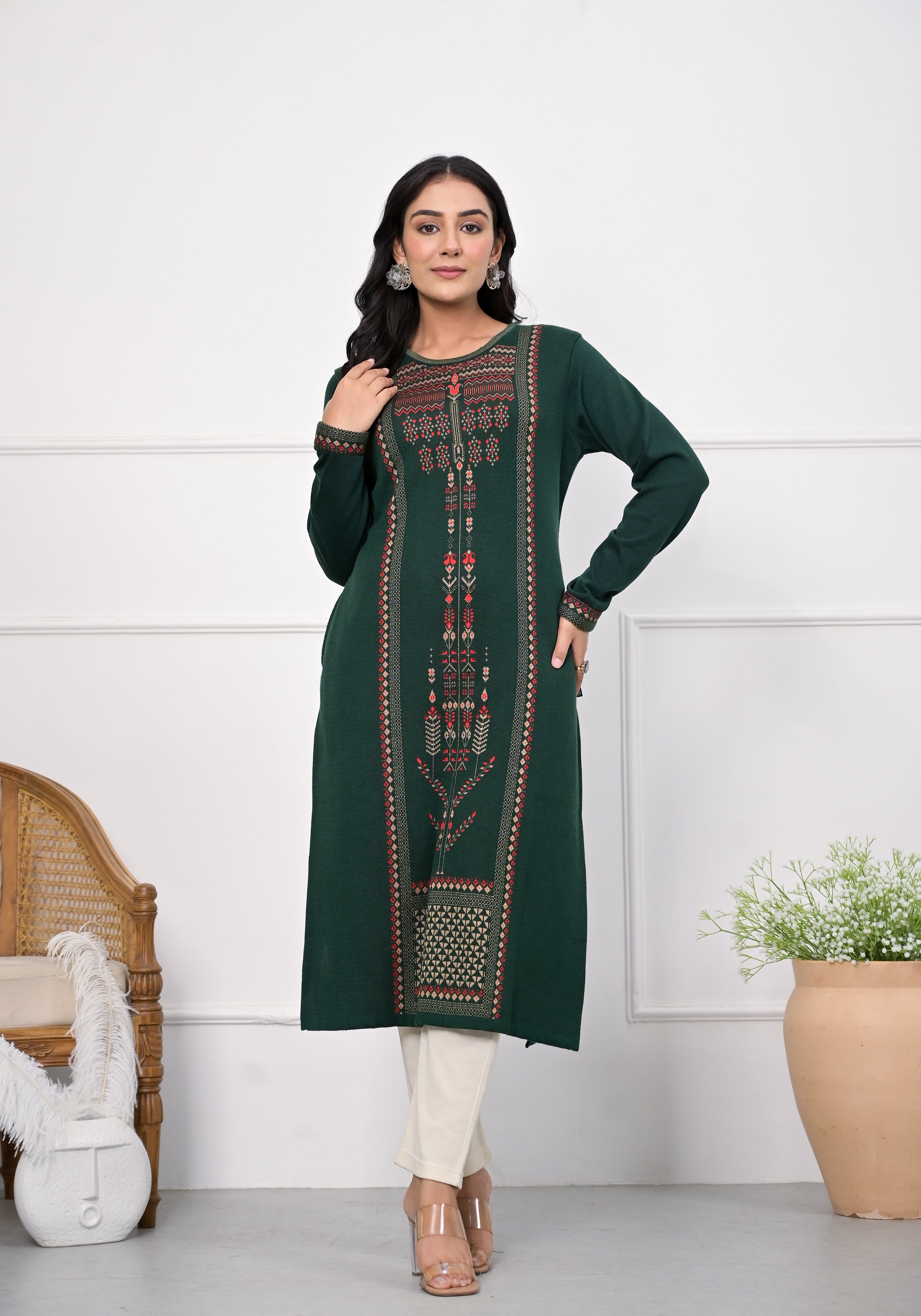 Bottle Green Ethnic Motif Printed Cotton Kurta