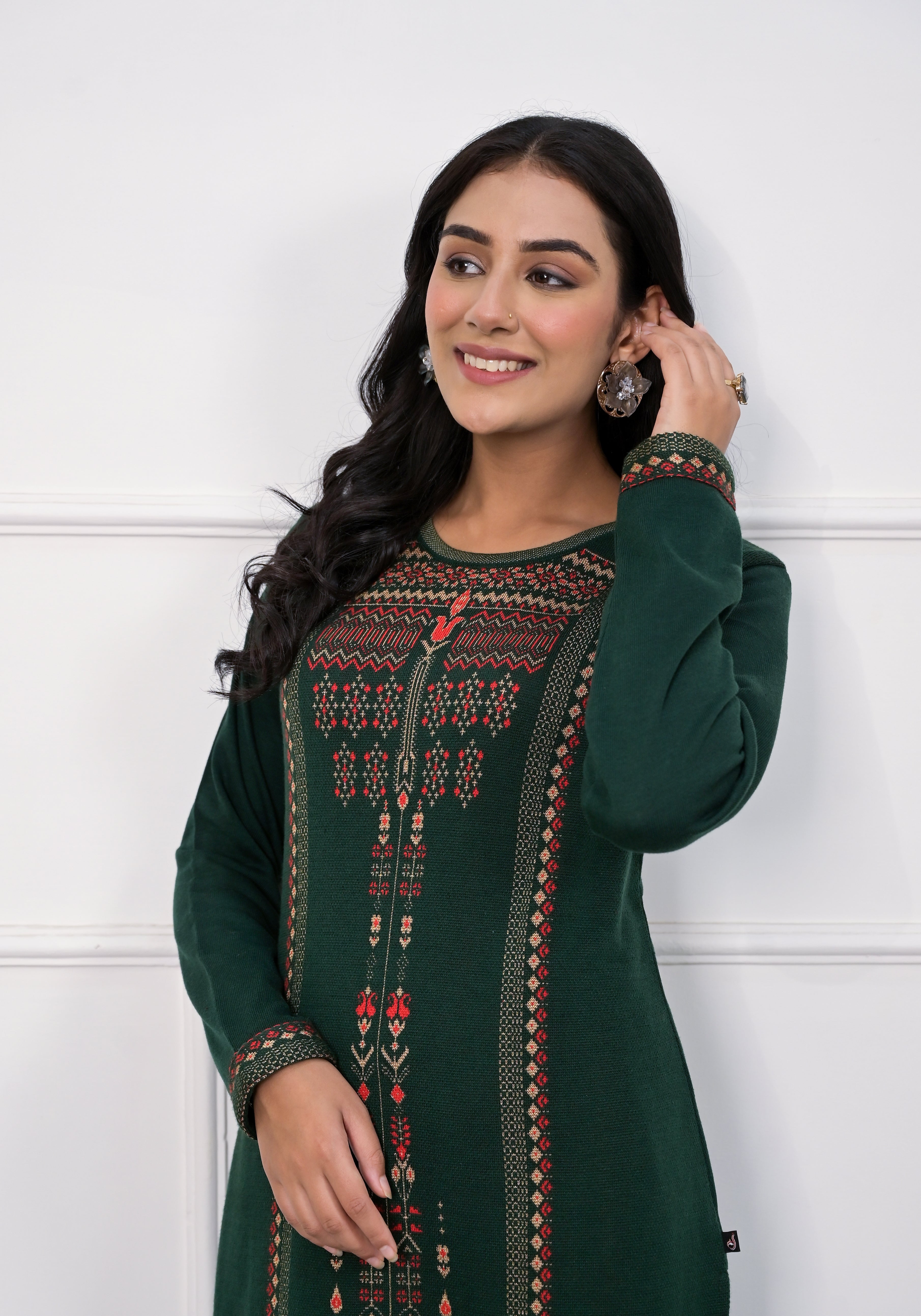 Bottle Green Ethnic Motif Printed Cotton Kurta