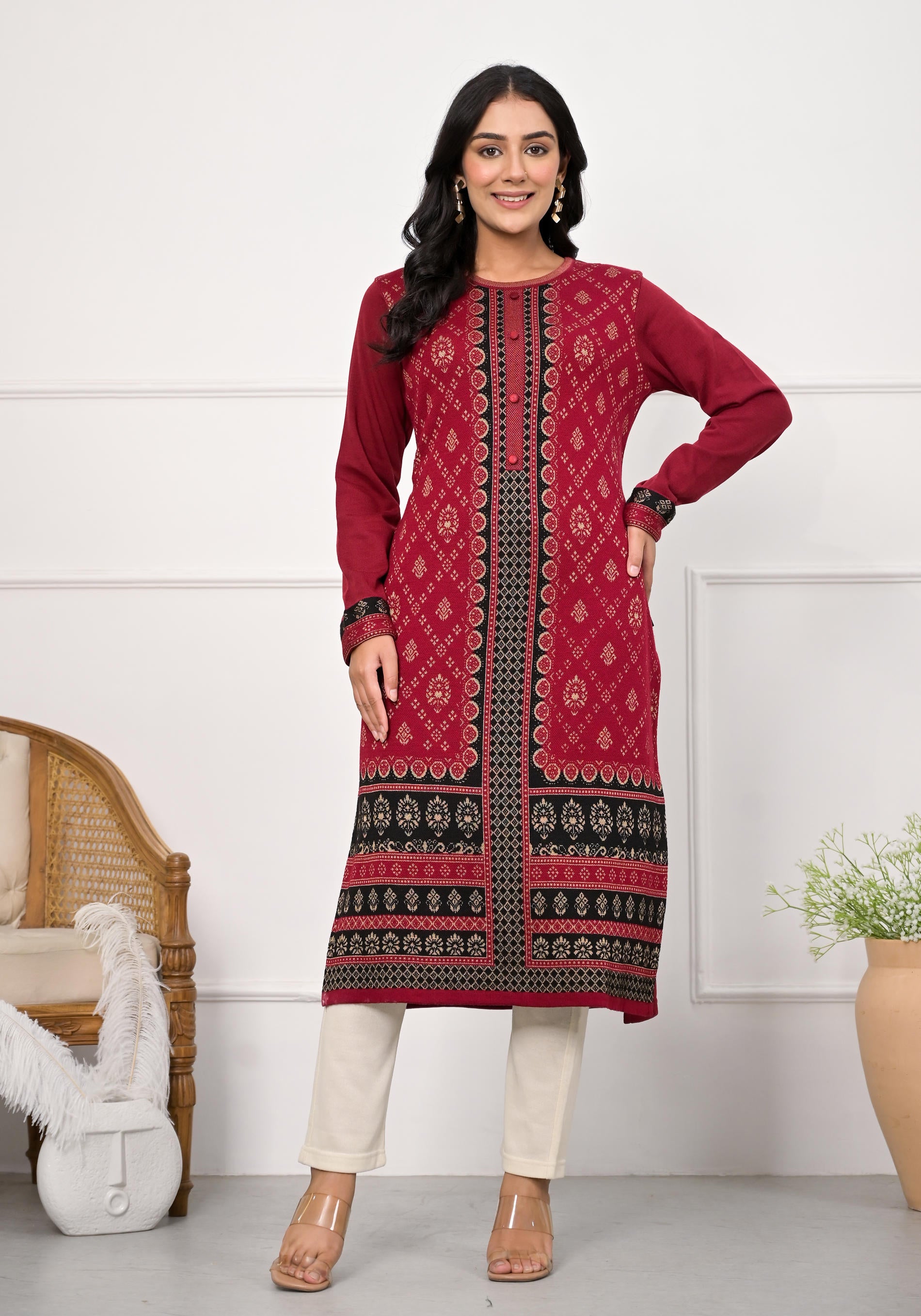 Maroon Ethnic Motif Printed Cotton  Kurta