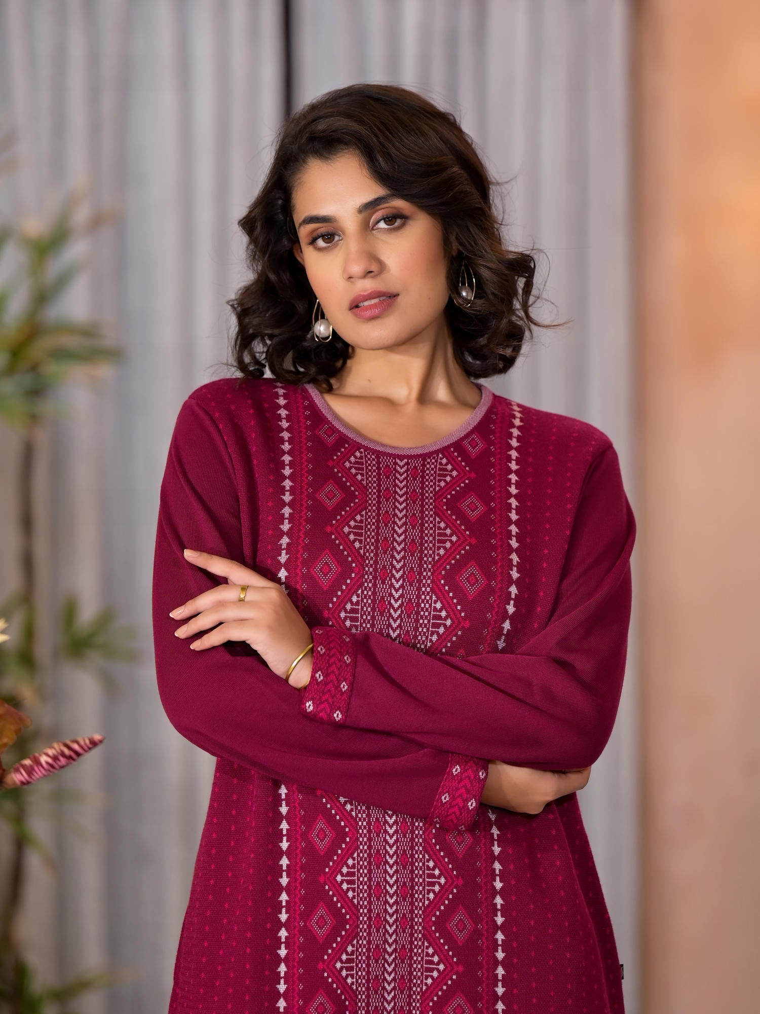 Purple Ethnic Motif Printed Polycotton Winter Wear Kurta