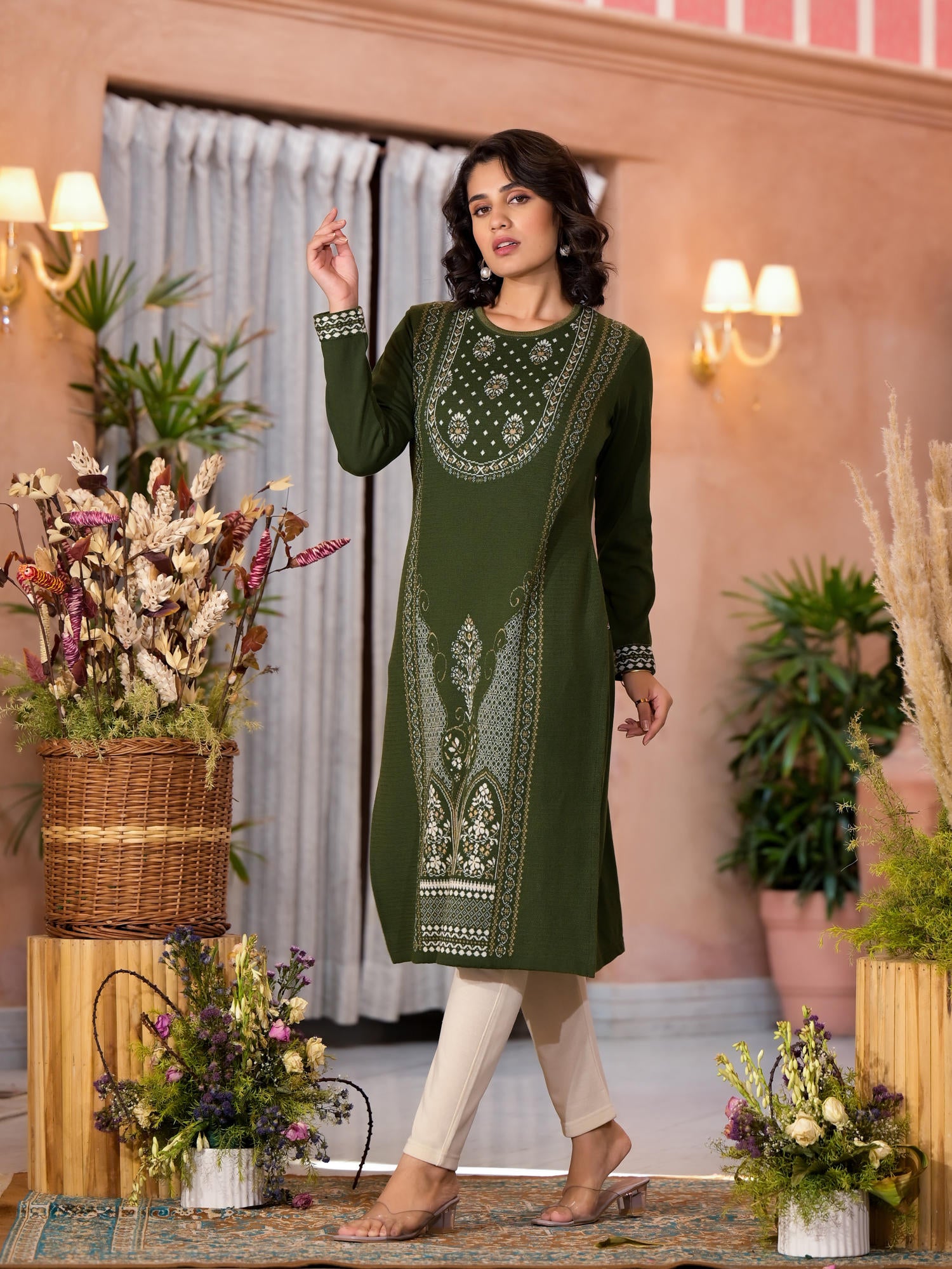 Olive Ethnic Motif Printed Polycotton Kurta