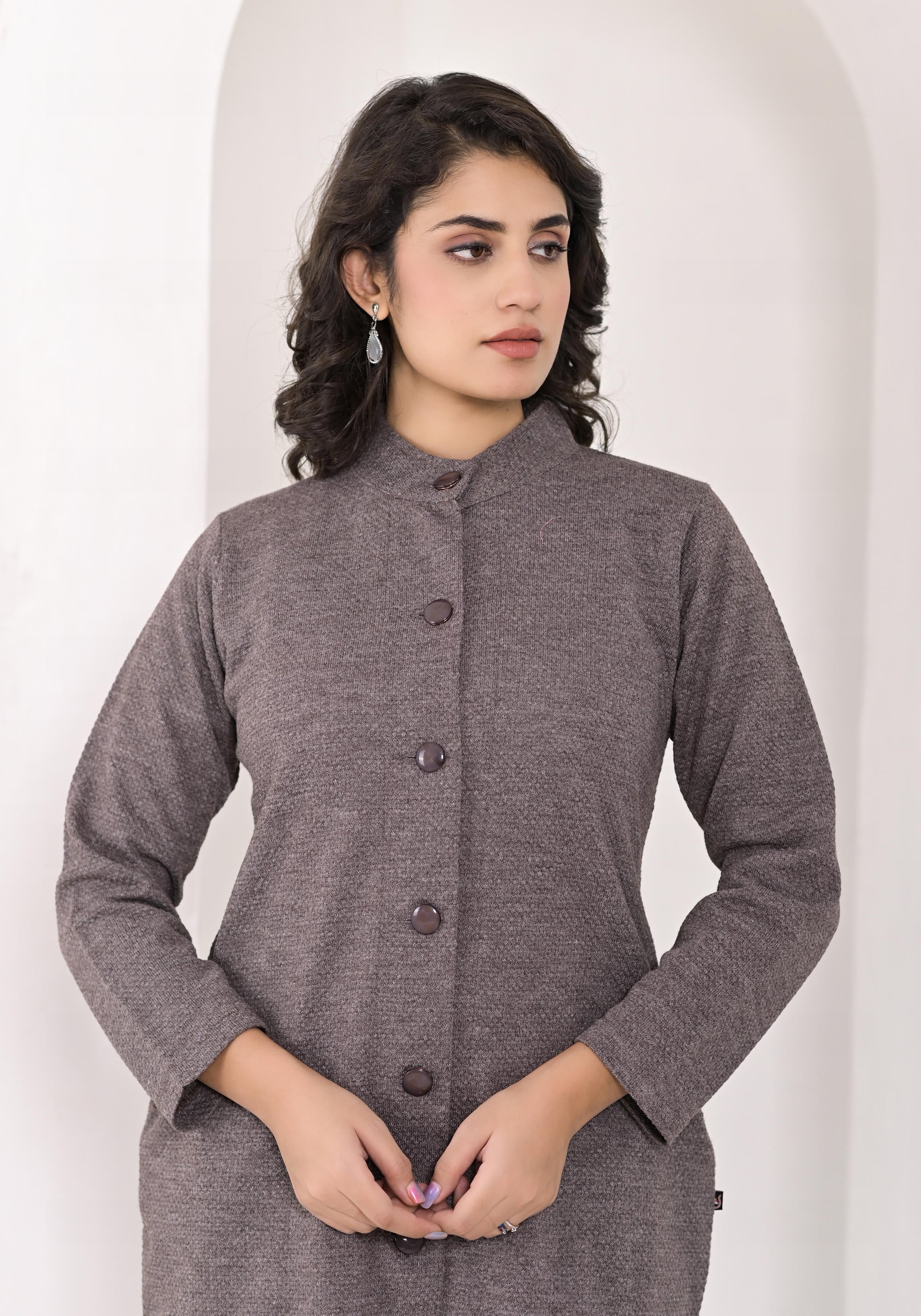 Grey Solid Cotton Winter Wear Jacket With Button Closure