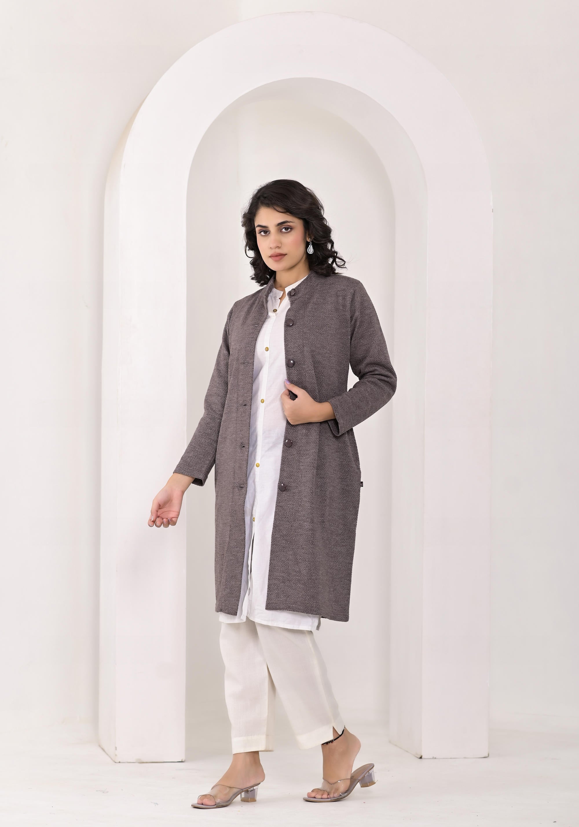 Grey Solid Cotton Winter Wear Jacket With Button Closure