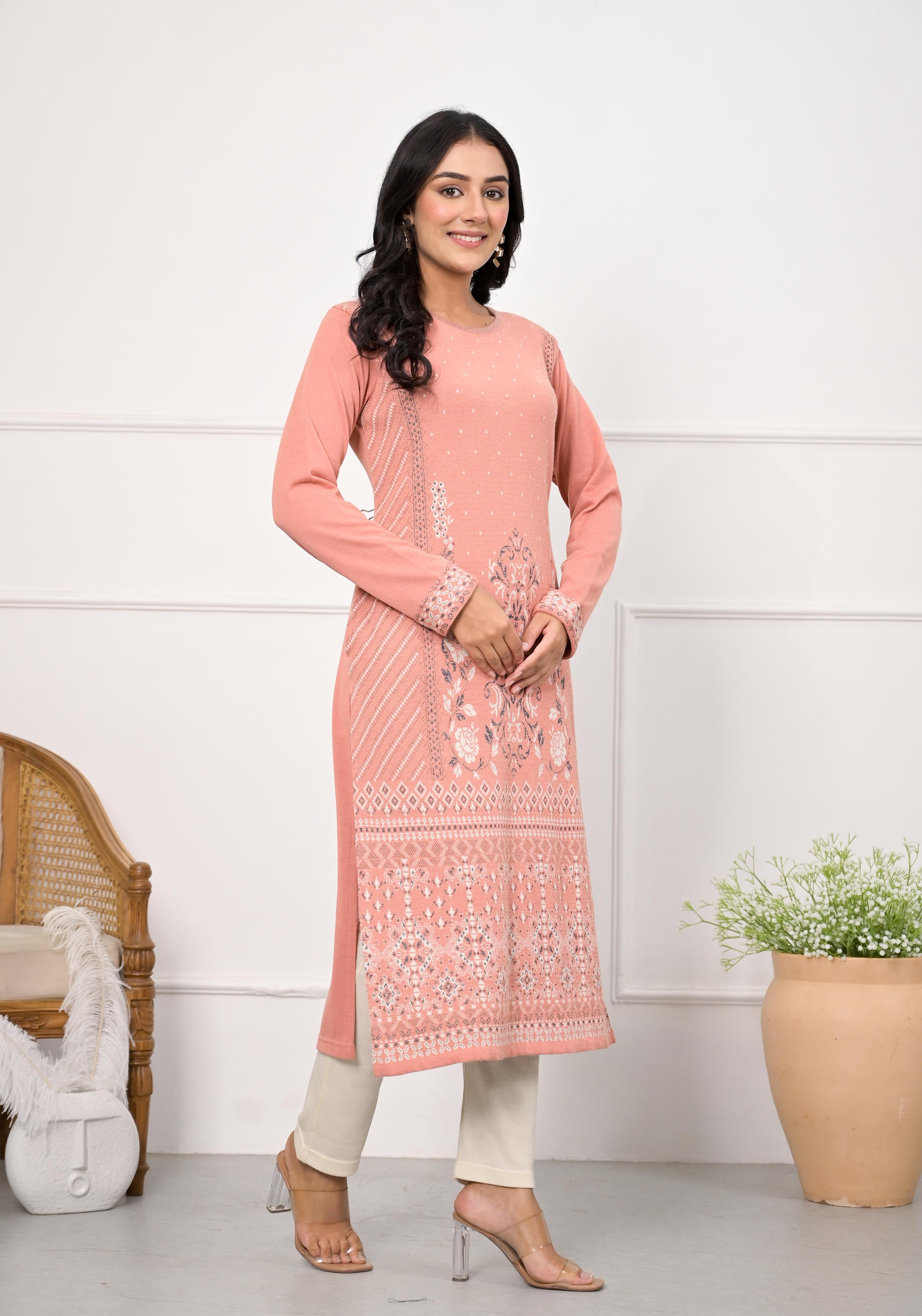 Peach Ethnic Motif Printed Cotton Winter Wear Kurta