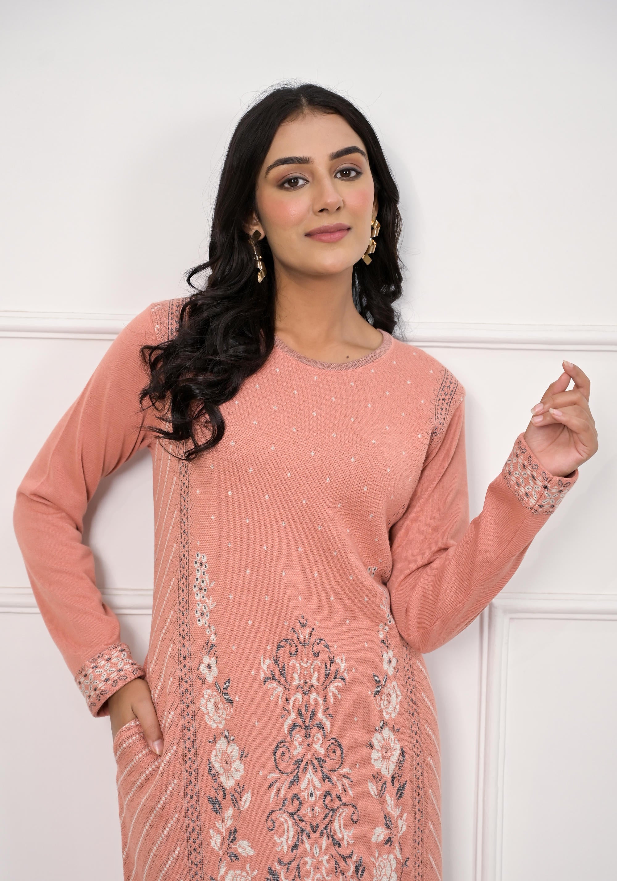 Peach Ethnic Motif Printed Cotton Winter Wear Kurta