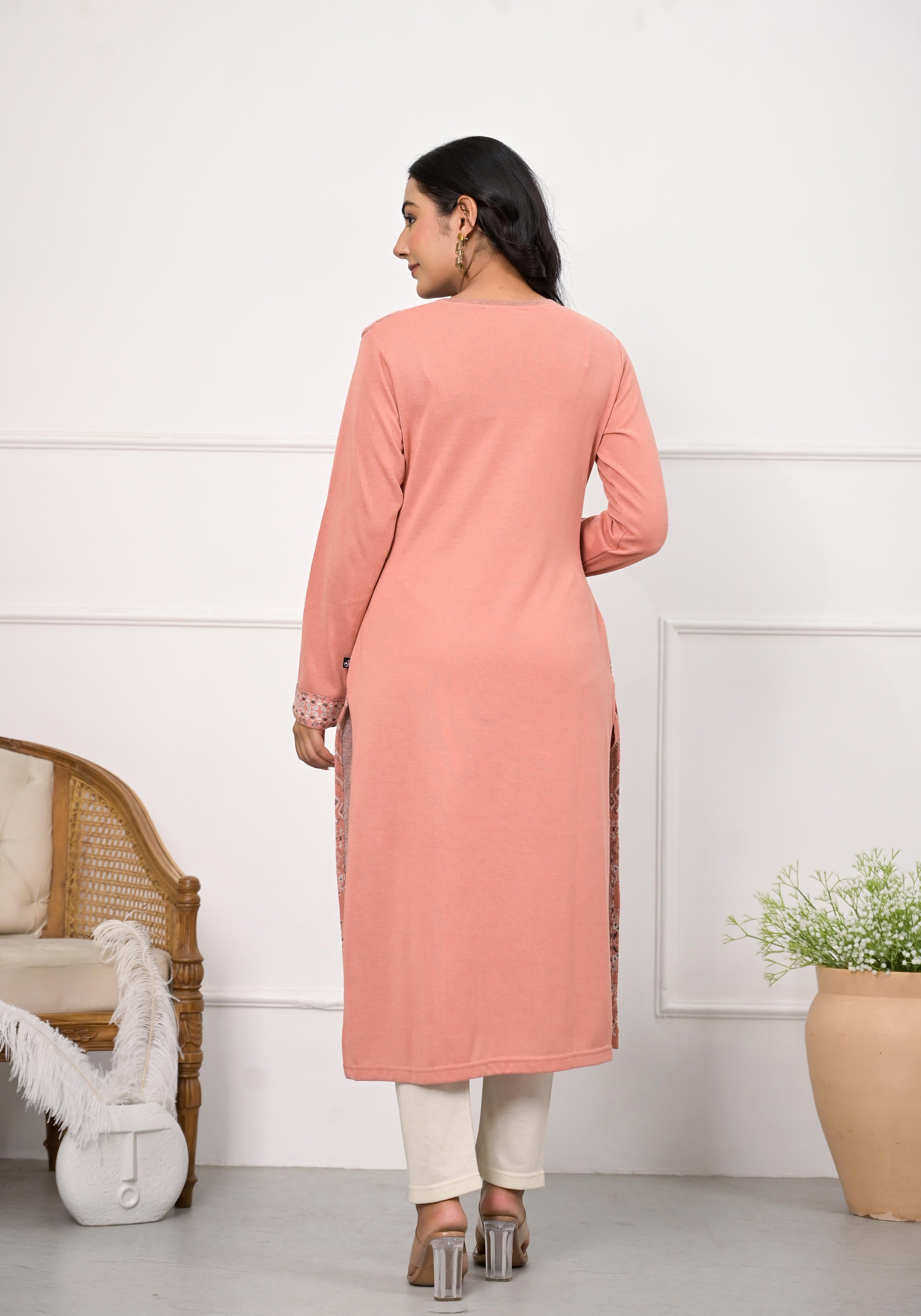 Peach Ethnic Motif Printed Cotton Winter Wear Kurta