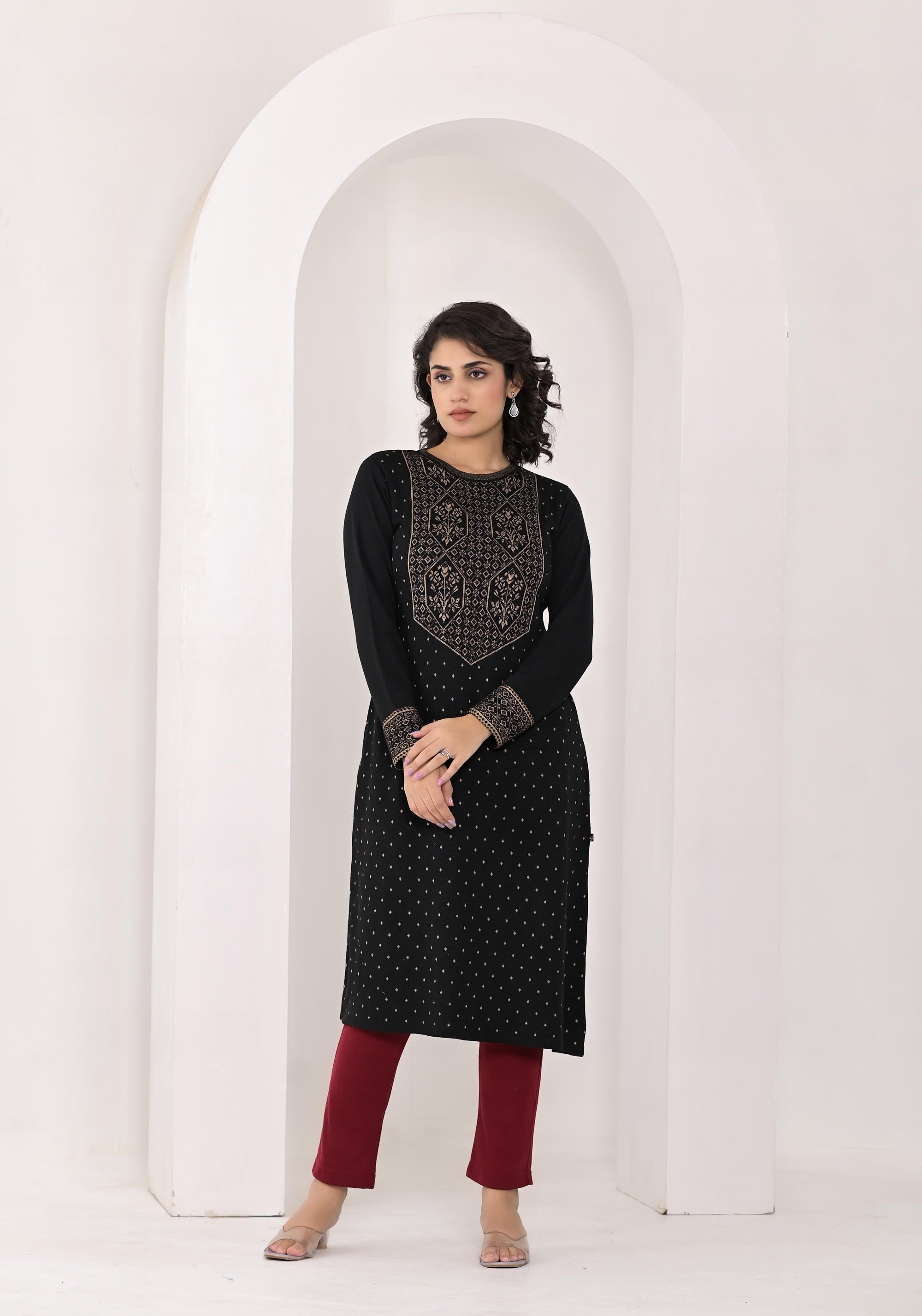 Black Ethnic Motif Printed Cotton Winter Wear Kurta