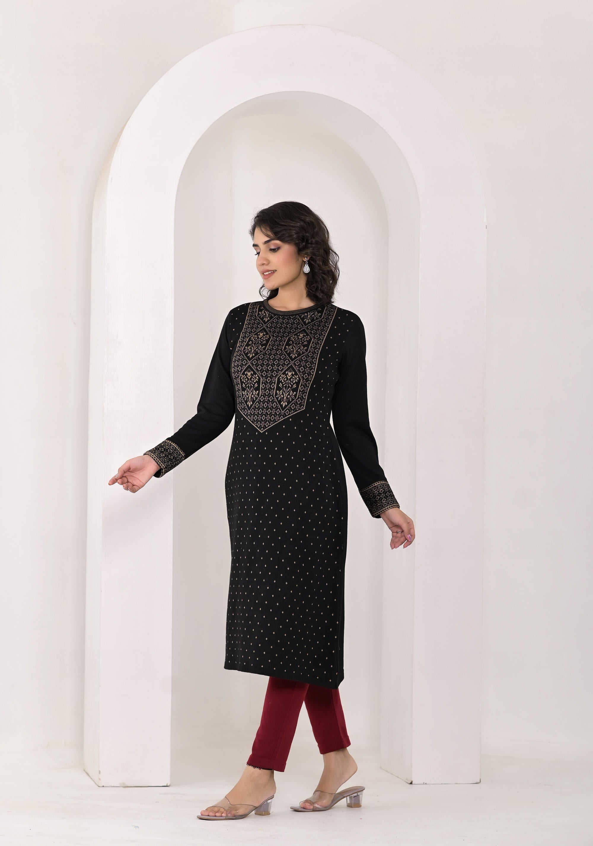 Black Ethnic Motif Printed Cotton Winter Wear Kurta