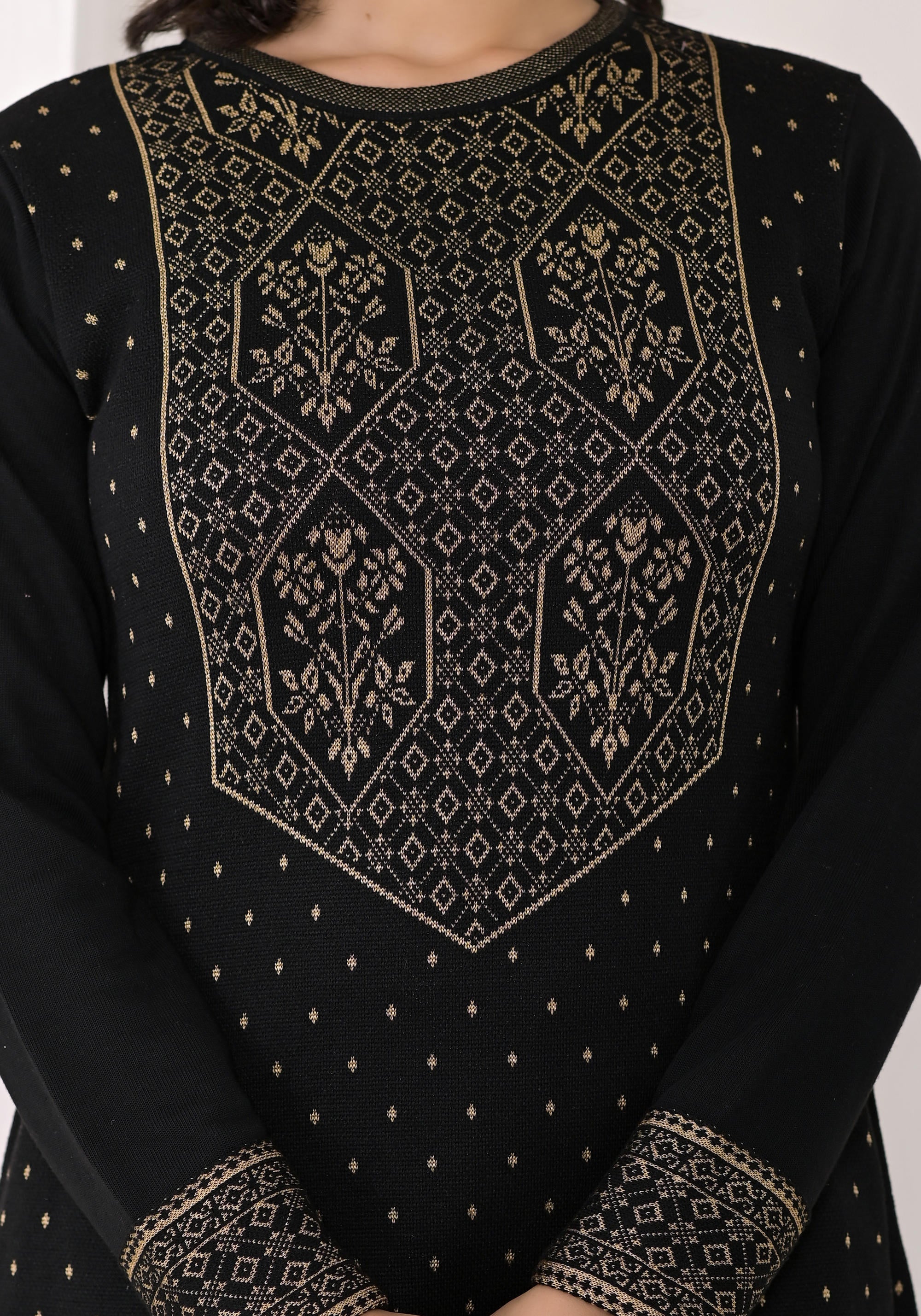 Black Ethnic Motif Printed Cotton Winter Wear Kurta