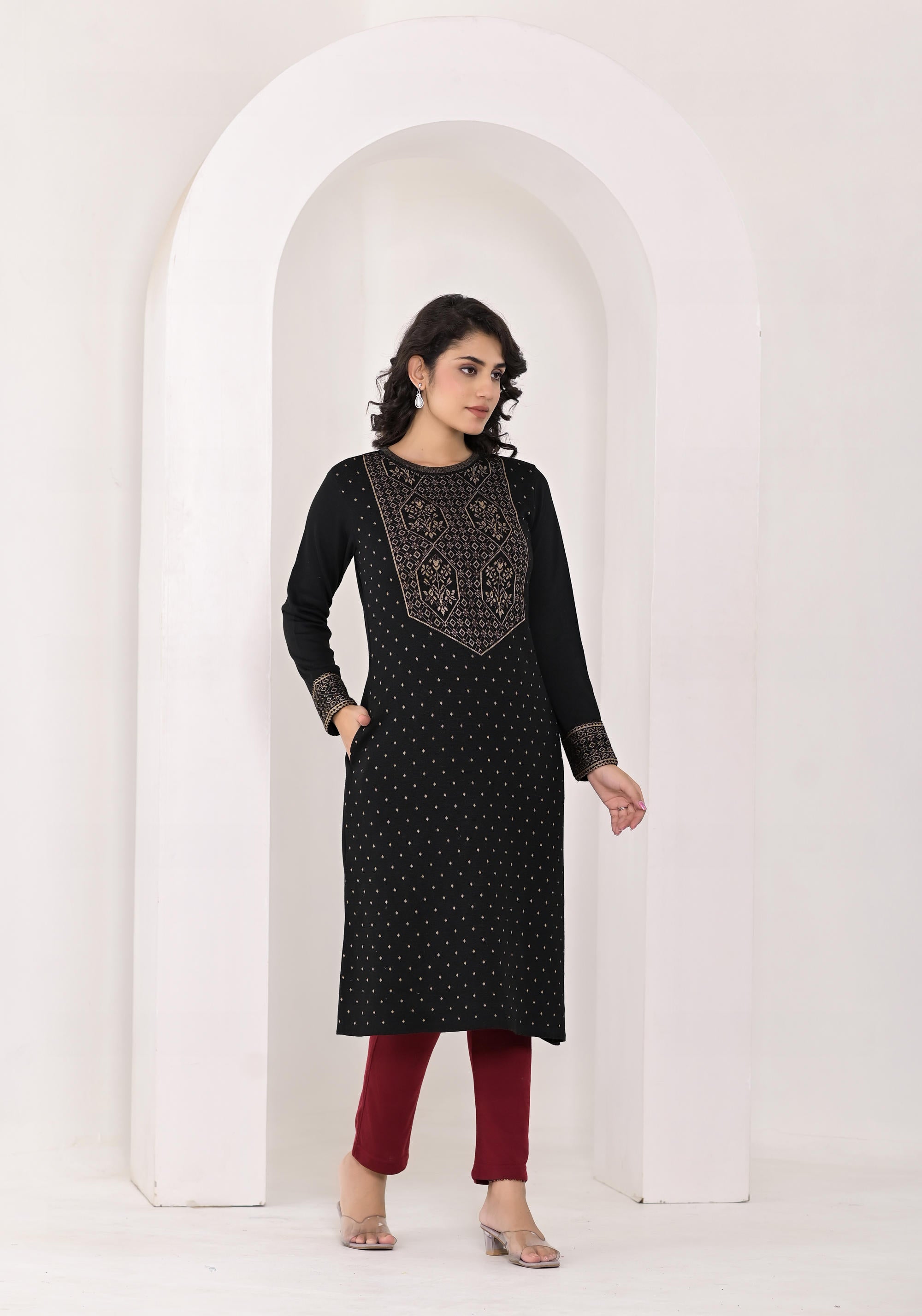 Black Ethnic Motif Printed Cotton Winter Wear Kurta