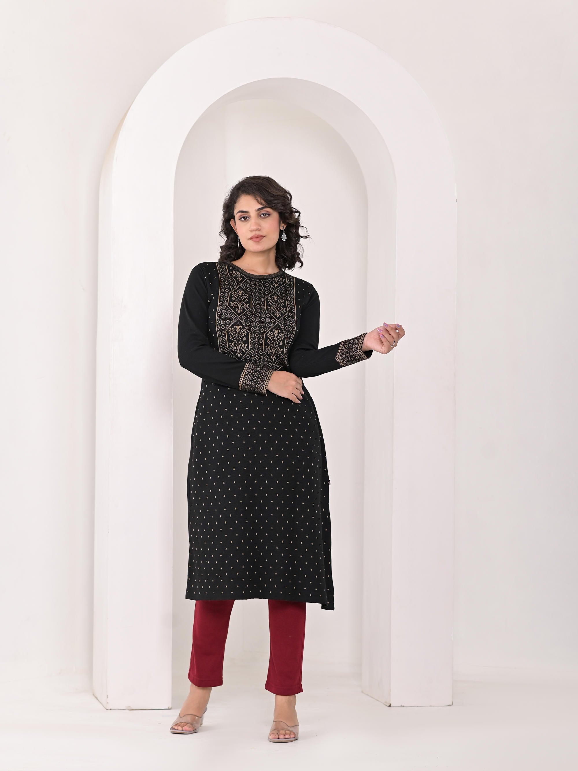 Black Ethnic Motif Printed Cotton Winter Wear Kurta