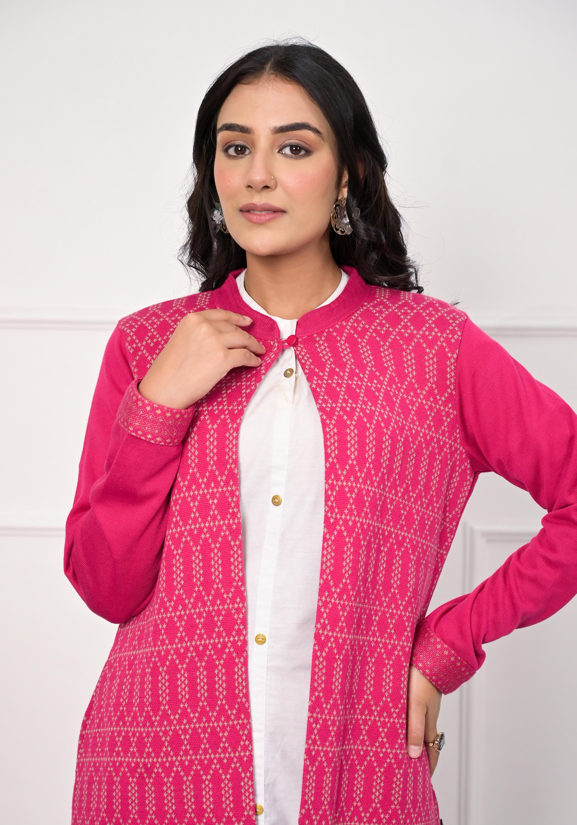 Pink Ethnic Motif Printed Cotton Long Winter Waer Jacket