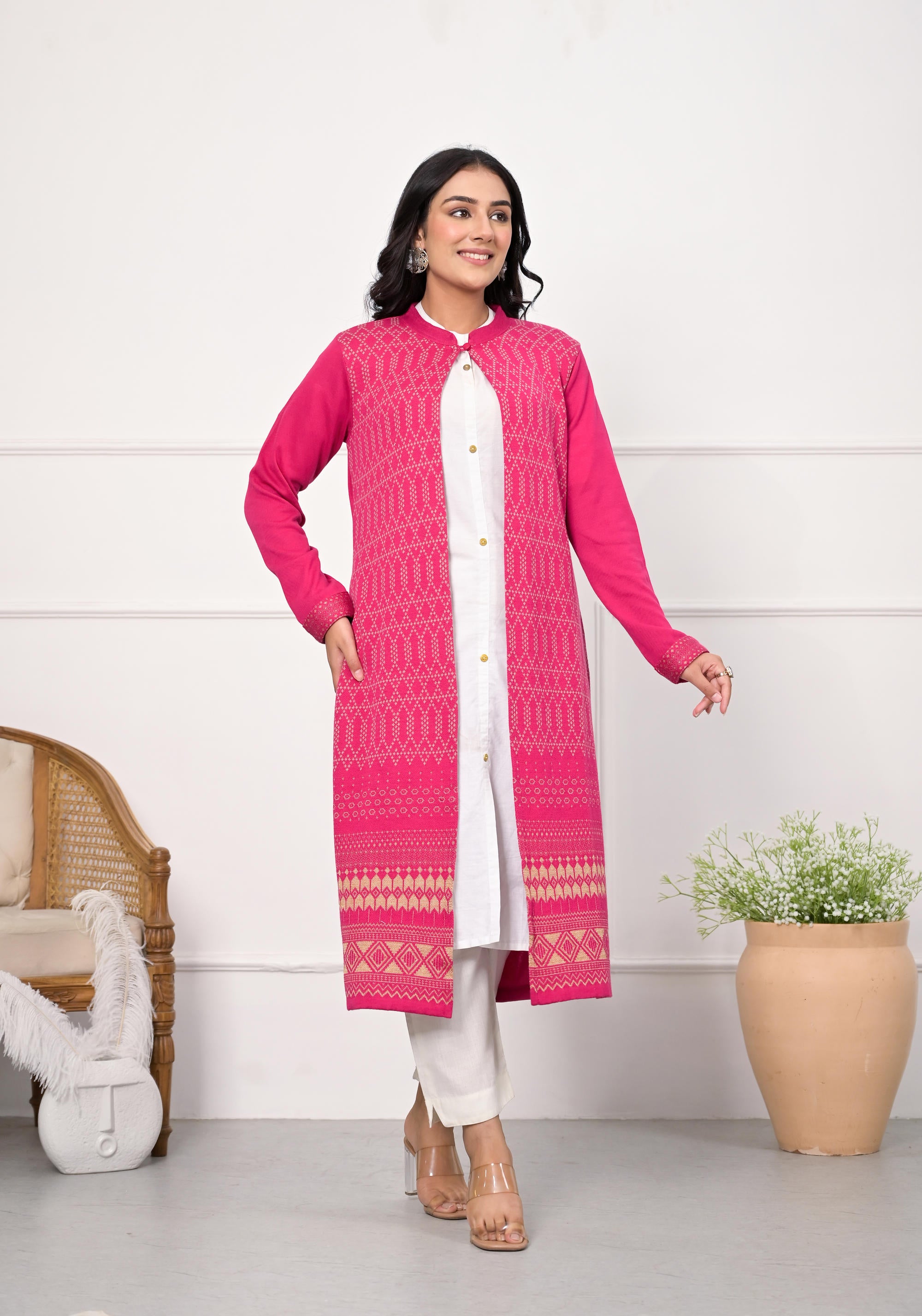 Pink Ethnic Motif Printed Cotton Long Winter Waer Jacket