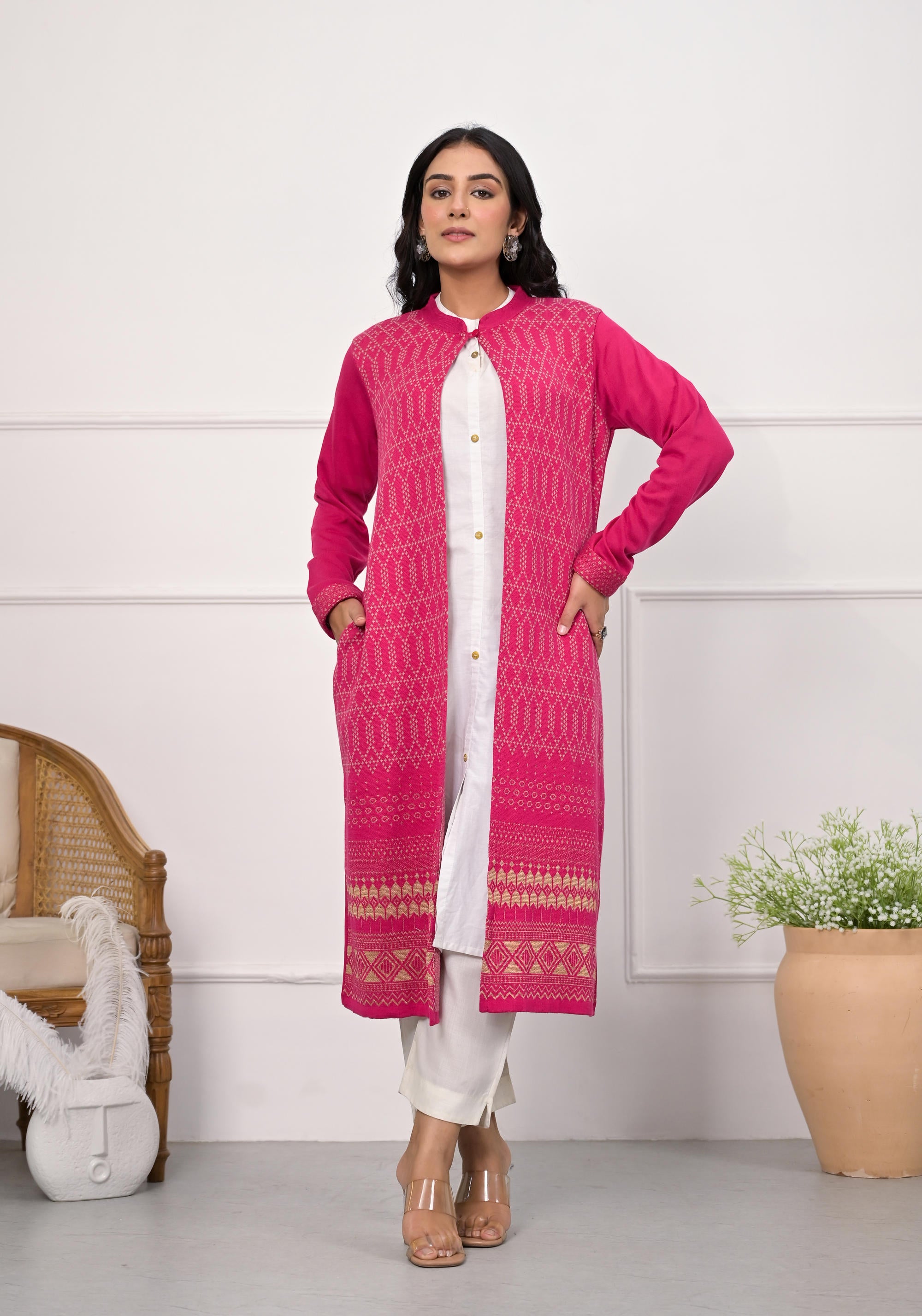 Pink Ethnic Motif Printed Cotton Long Winter Waer Jacket