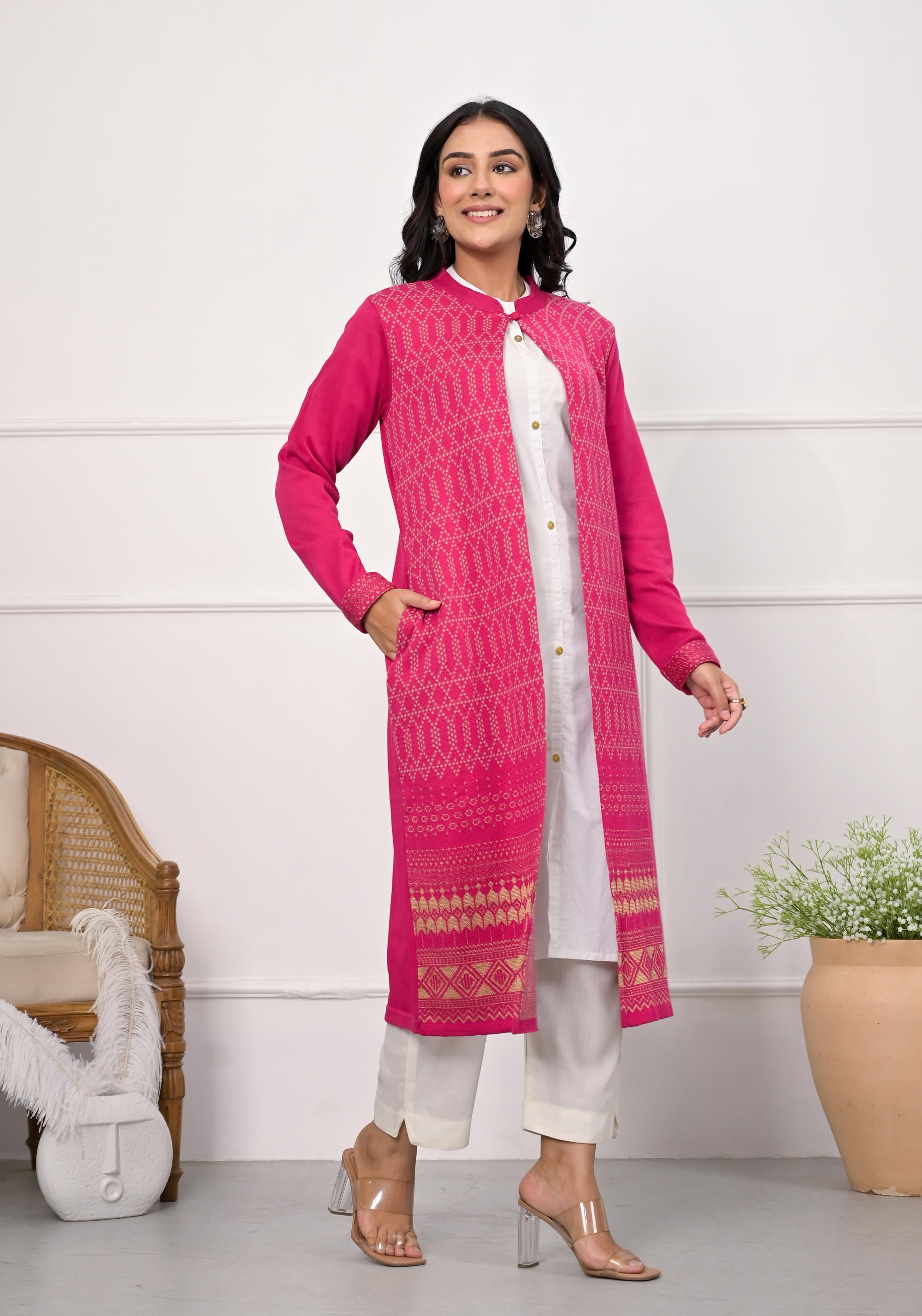 Pink Ethnic Motif Printed Cotton Long Winter Waer Jacket