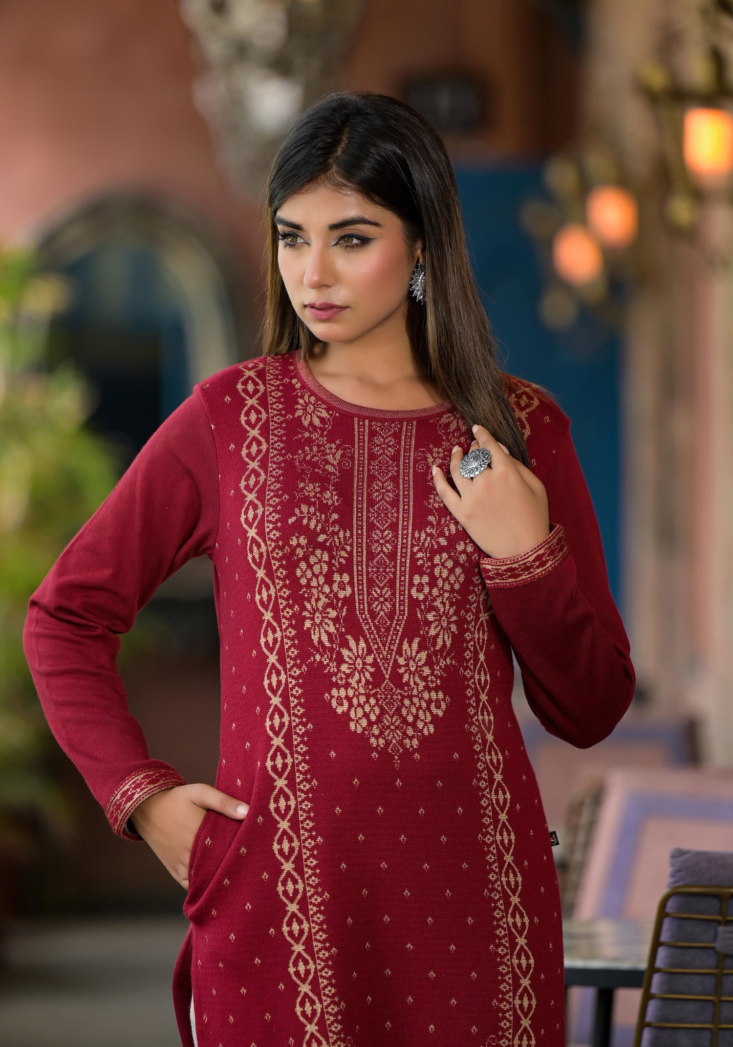 Maroon Ethnic Motif Printed Polycotton Winter Wear Kurta