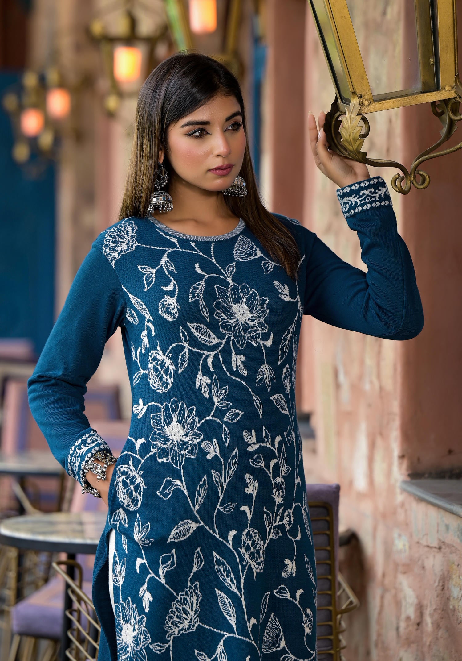 Blue Floral Printed Polycotton Kurta