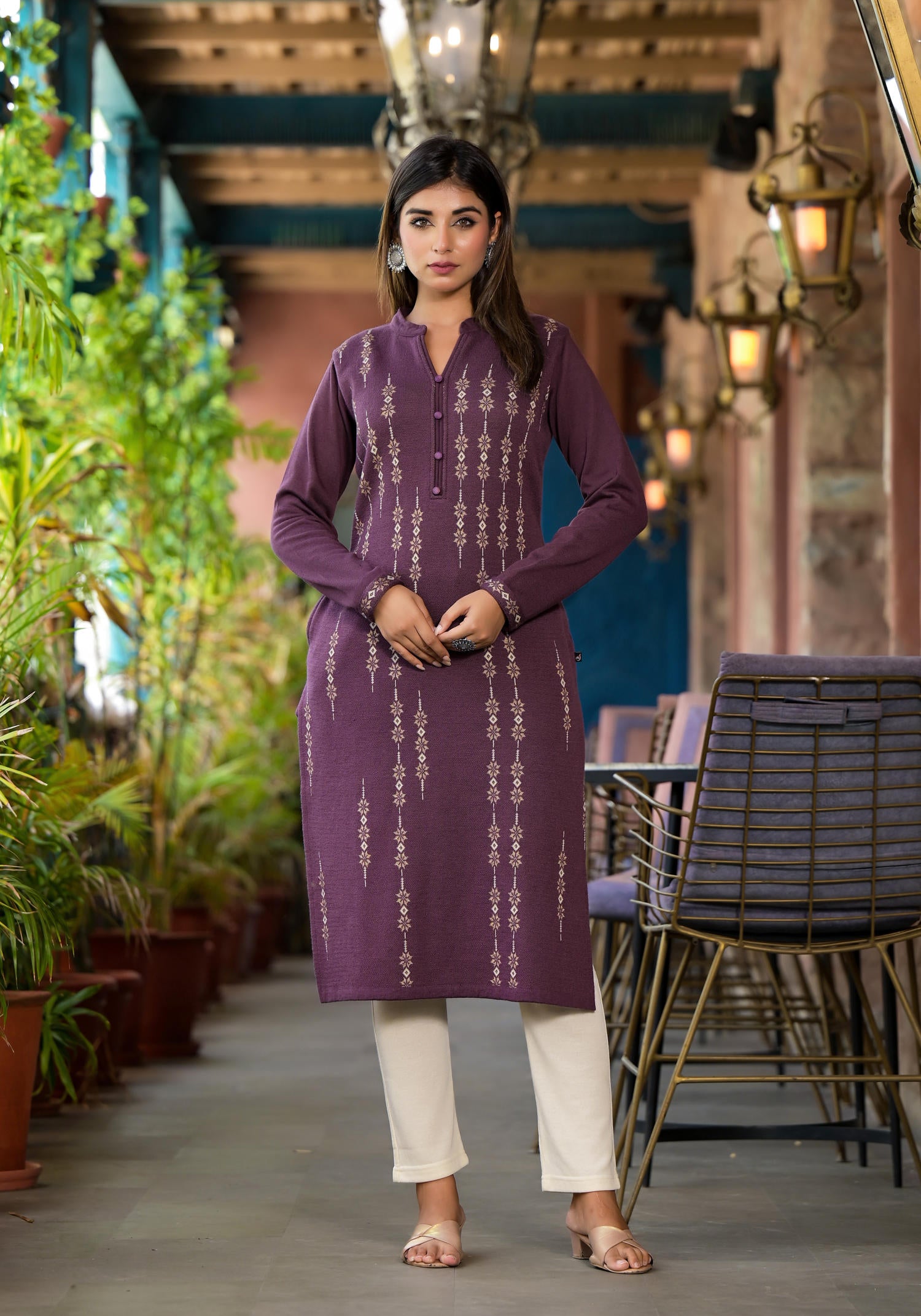 Violet Ethnic Motif Printed Polycotton Kurta