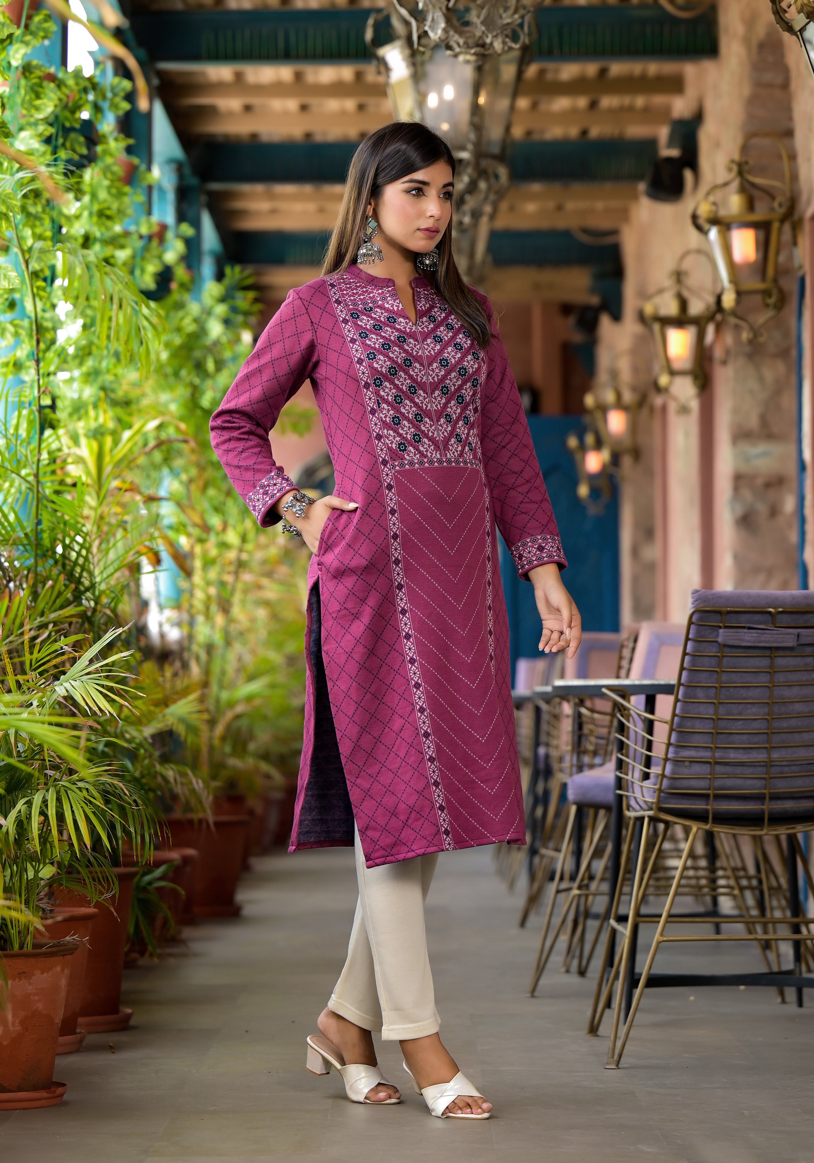 Onion Pink Floral Printed Cotton Kurta