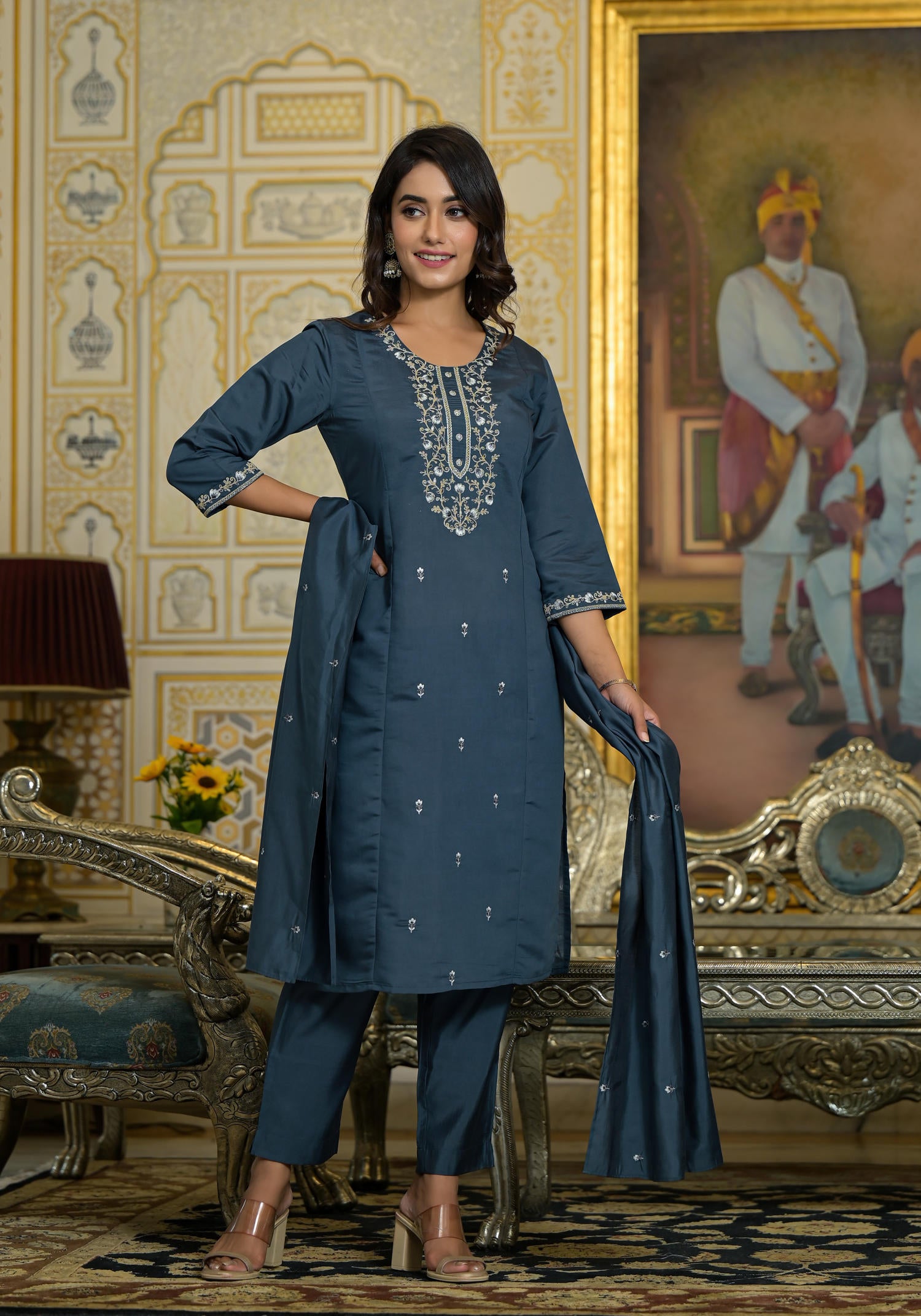 Grey Thread & Zari Embroidered Viscose Kurta Pant And Dupatta Set