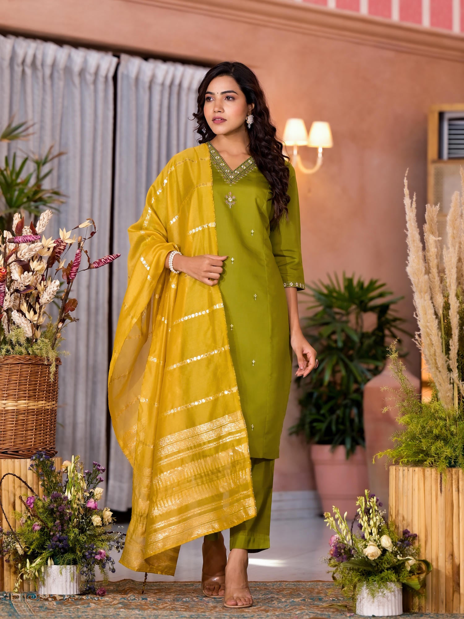 Green Zari  & Thread Work Embroidered Viscose Kurta Pant And Dupatta Set