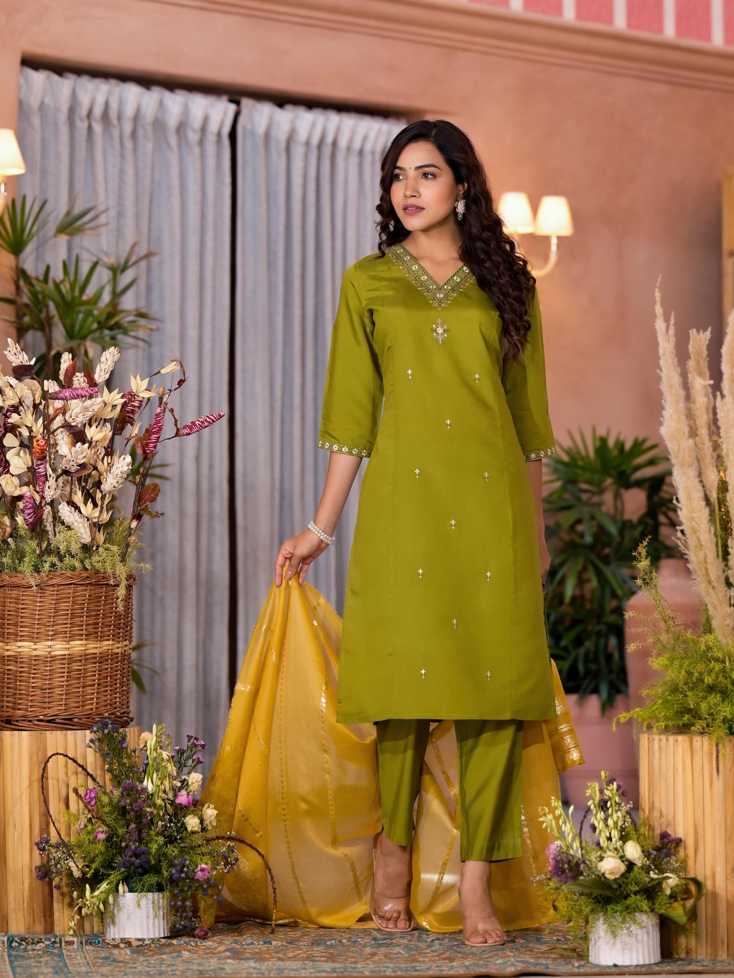 Green Zari  & Thread Work Embroidered Viscose Kurta Pant And Dupatta Set