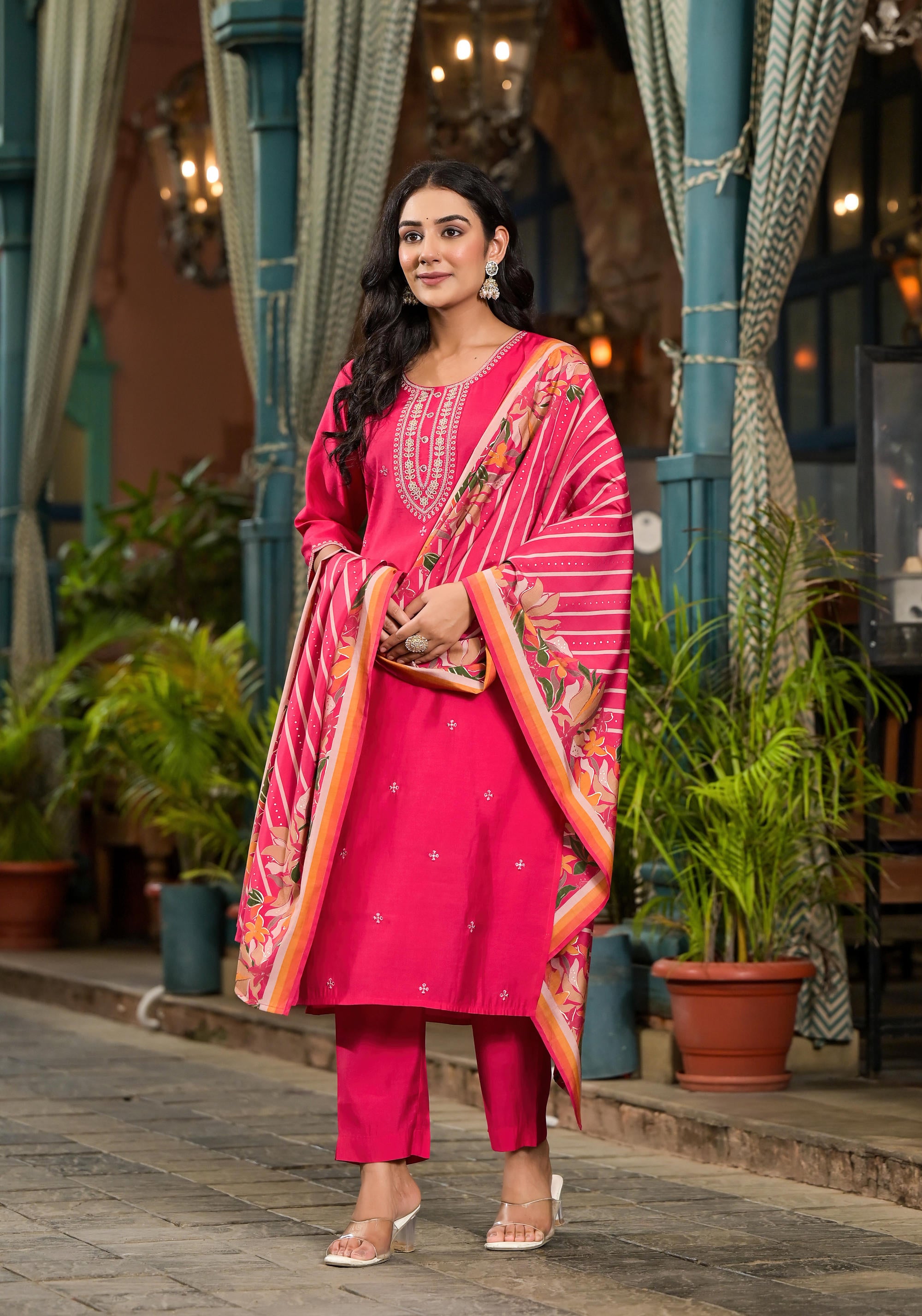 Fuchsia Floral Printed Viscose Kurta Pant And Dupatta Set With Zari Work