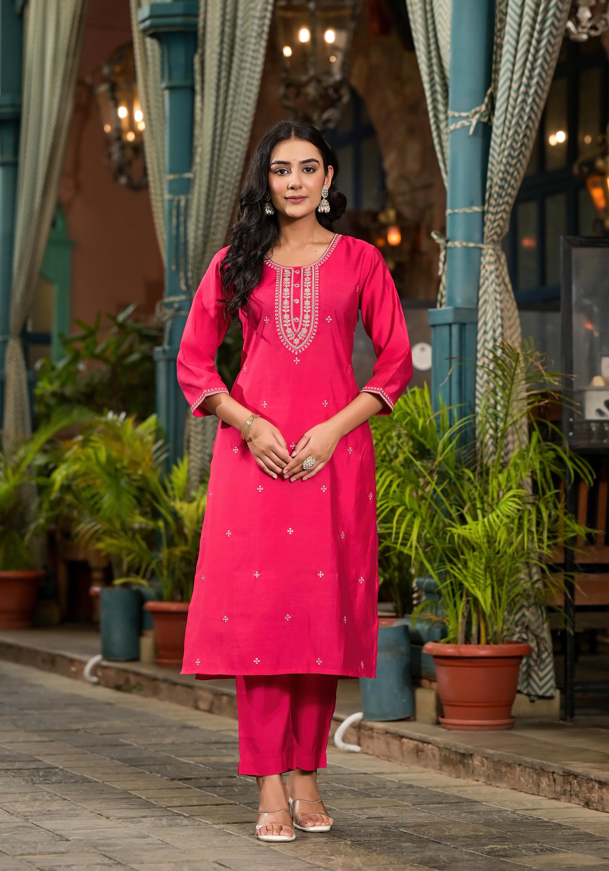 Fuchsia Floral Printed Viscose Kurta Pant And Dupatta Set With Zari Work