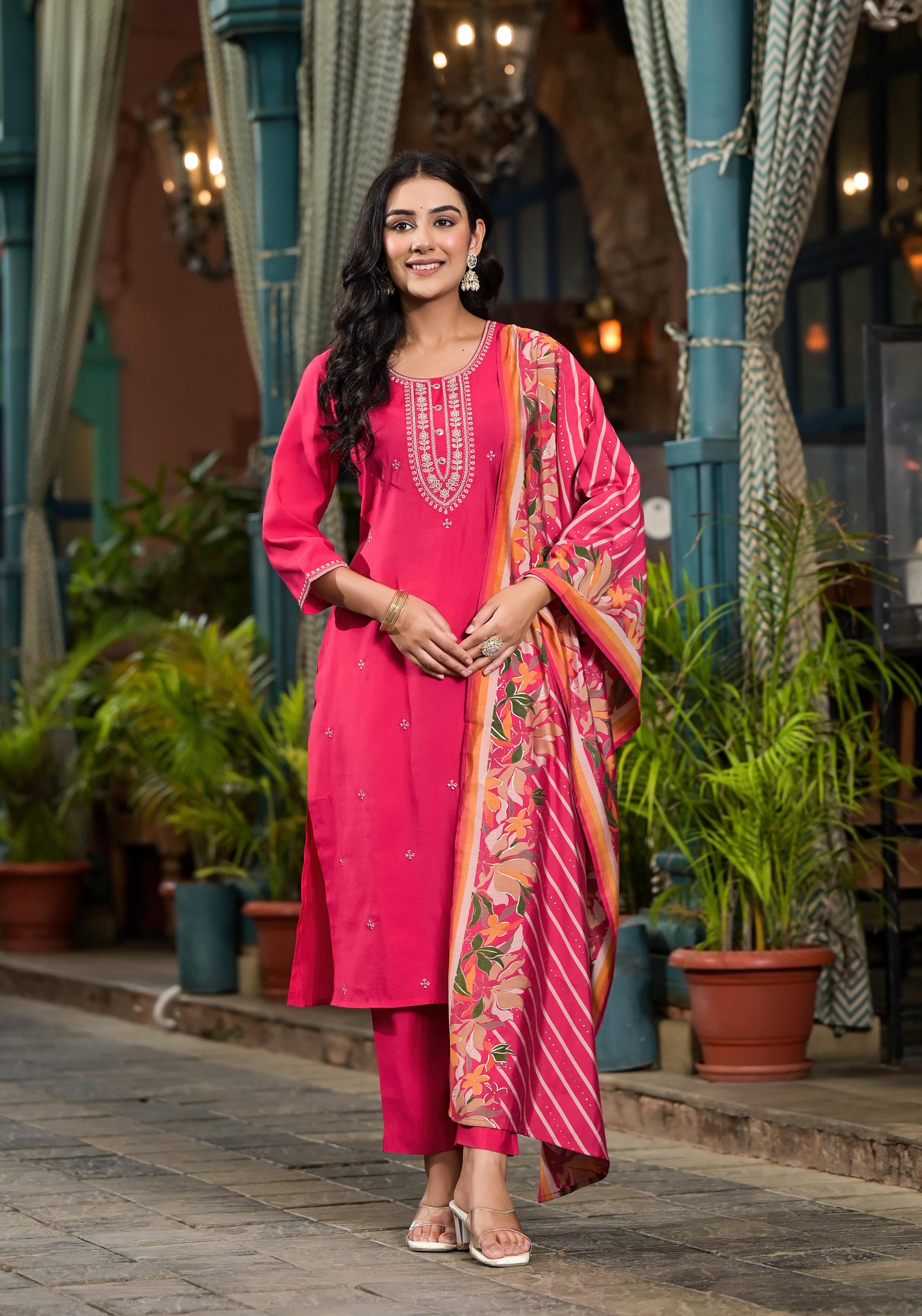 Fuchsia Floral Printed Viscose Kurta Pant And Dupatta Set With Zari Work