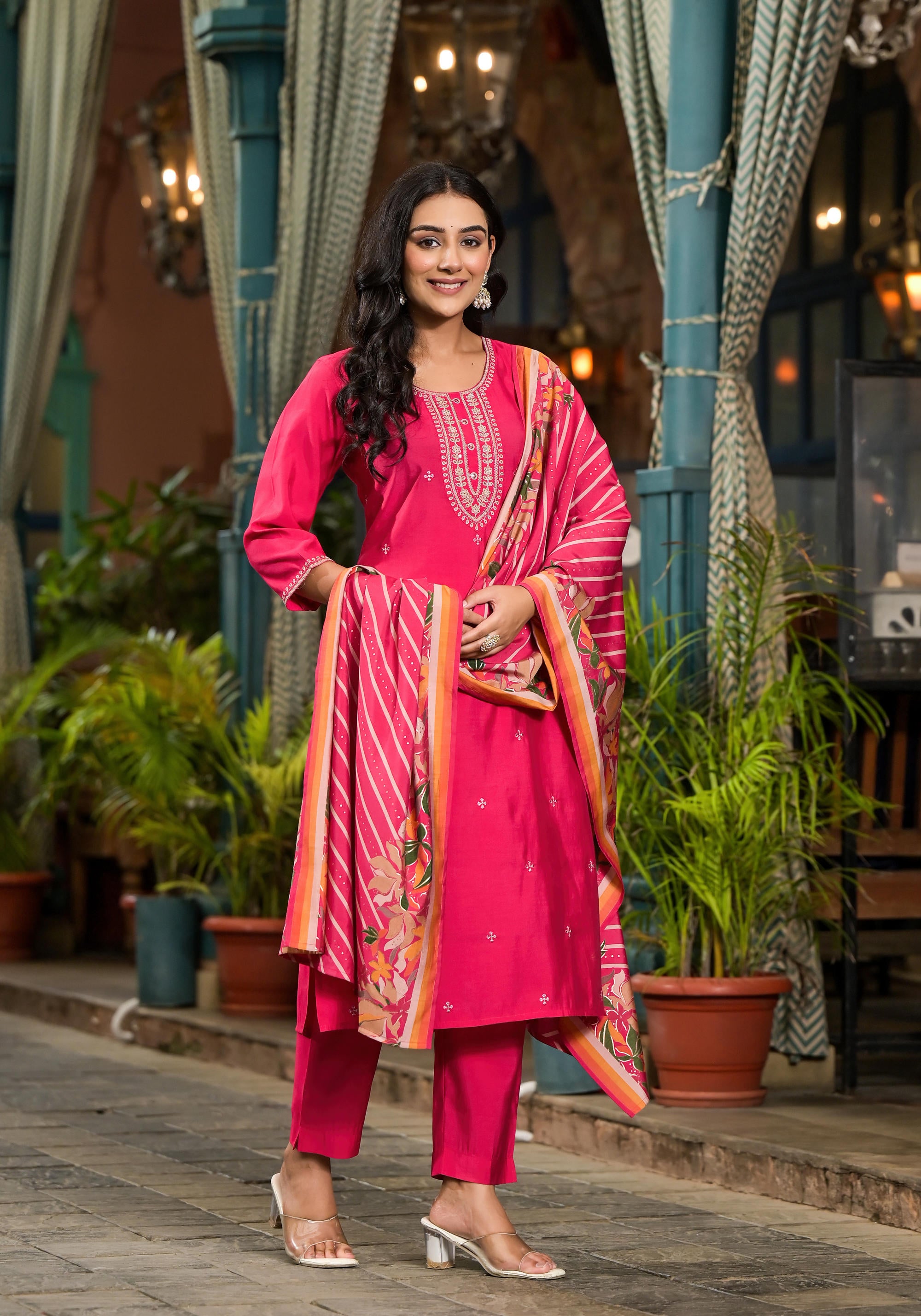 Fuchsia Floral Printed Viscose Kurta Pant And Dupatta Set With Zari Work